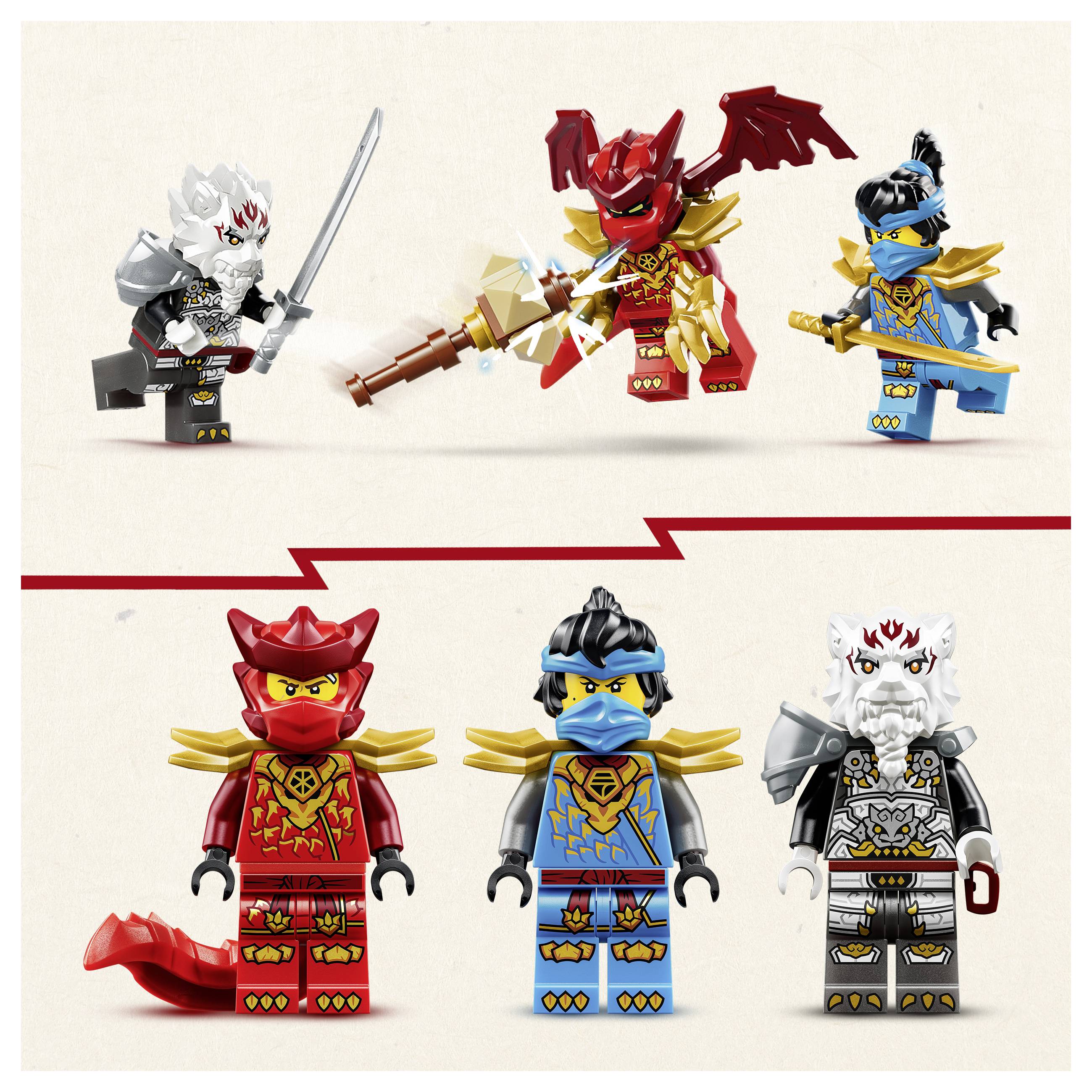 Šest LEGO-podobných ninja minifigurek v červené, modré a stříbrné barvě, včetně dračí podobné červené figurky a válečníka s bílým vousy držícího meč, zobrazené ve dvou řadách.