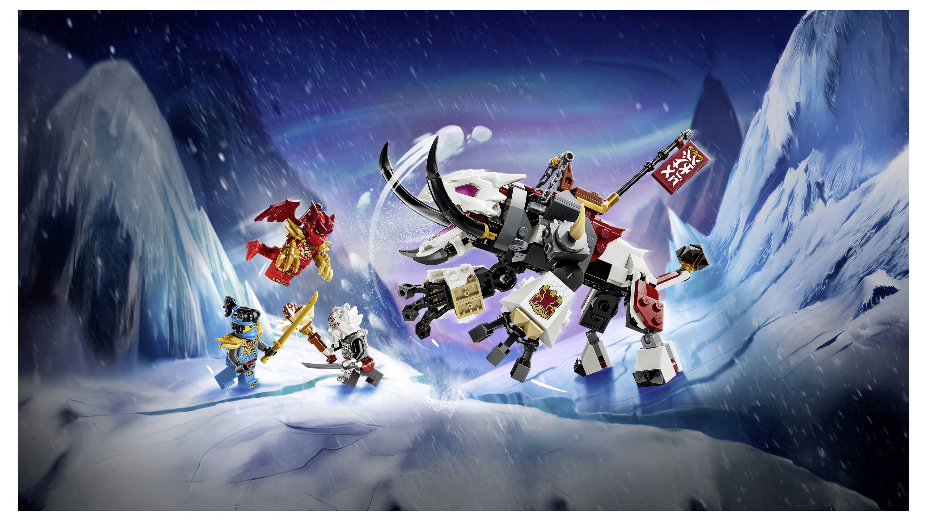 Scéna v LEGO stylu v zasněžené ledové jeskyni s velkým bílým mechą a více figurkami bojujícími na zmrzlé cestě pod vířícími světly.