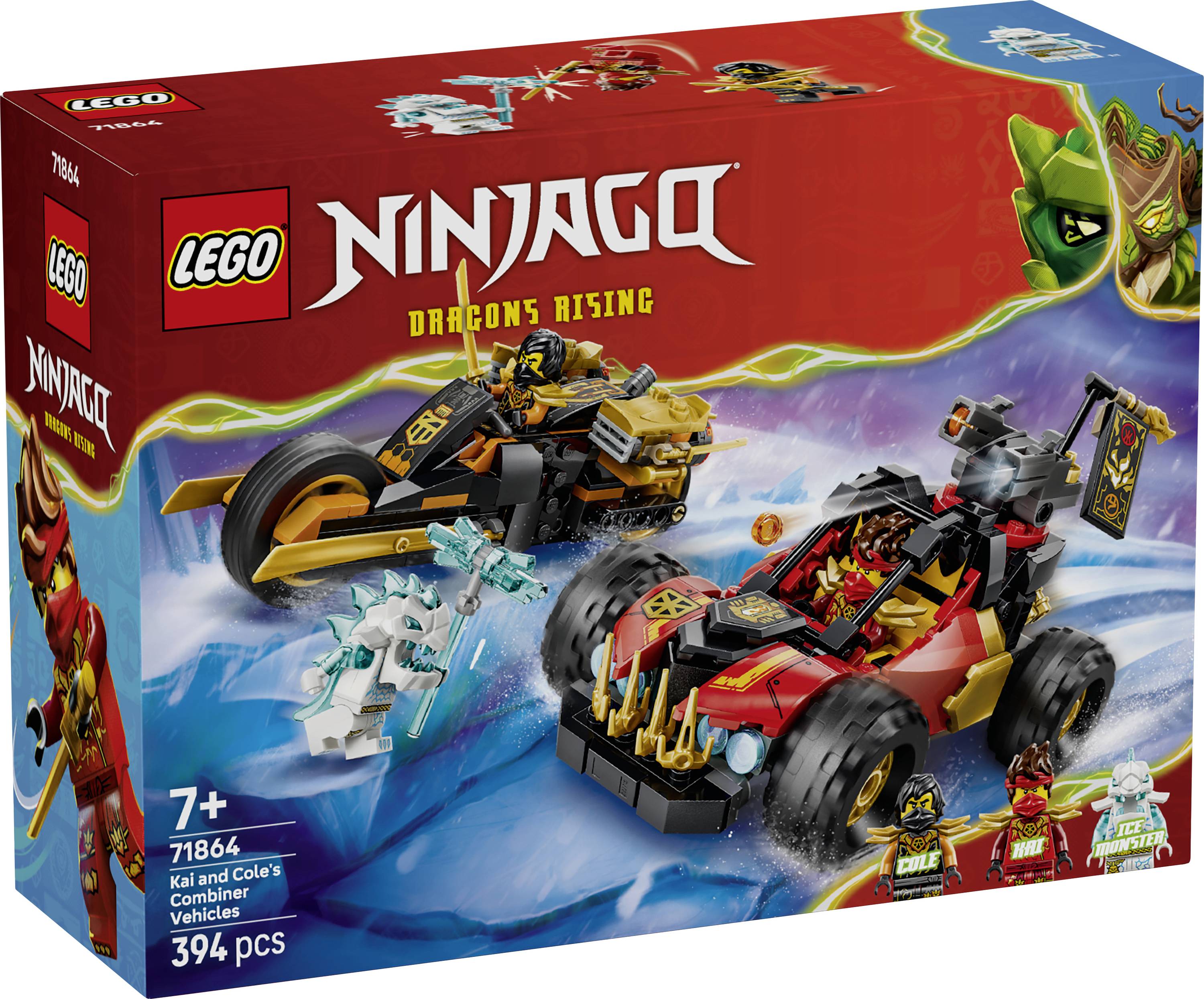 LEGO Ninjago Dragons Rising Sada stavebnice kombinovatelných vozidel Kaia a Colea s krabicí, na které jsou zobrazena dvě ninjaovská vozidla v akční scéně; 394 dílků, věk 7+