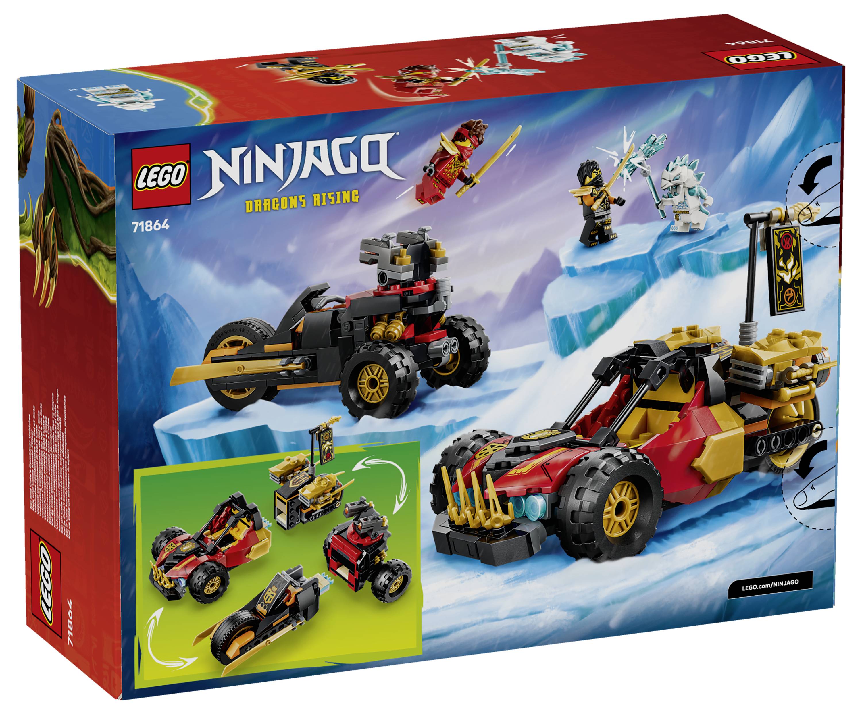 LEGO NINJAGO Draciči stoupají souprava v krabici zobrazující dva vozidla ninja, červeno-zlatý vůz a černé vozidlo na kolech, s minifigurkami na lednatém terénu.
