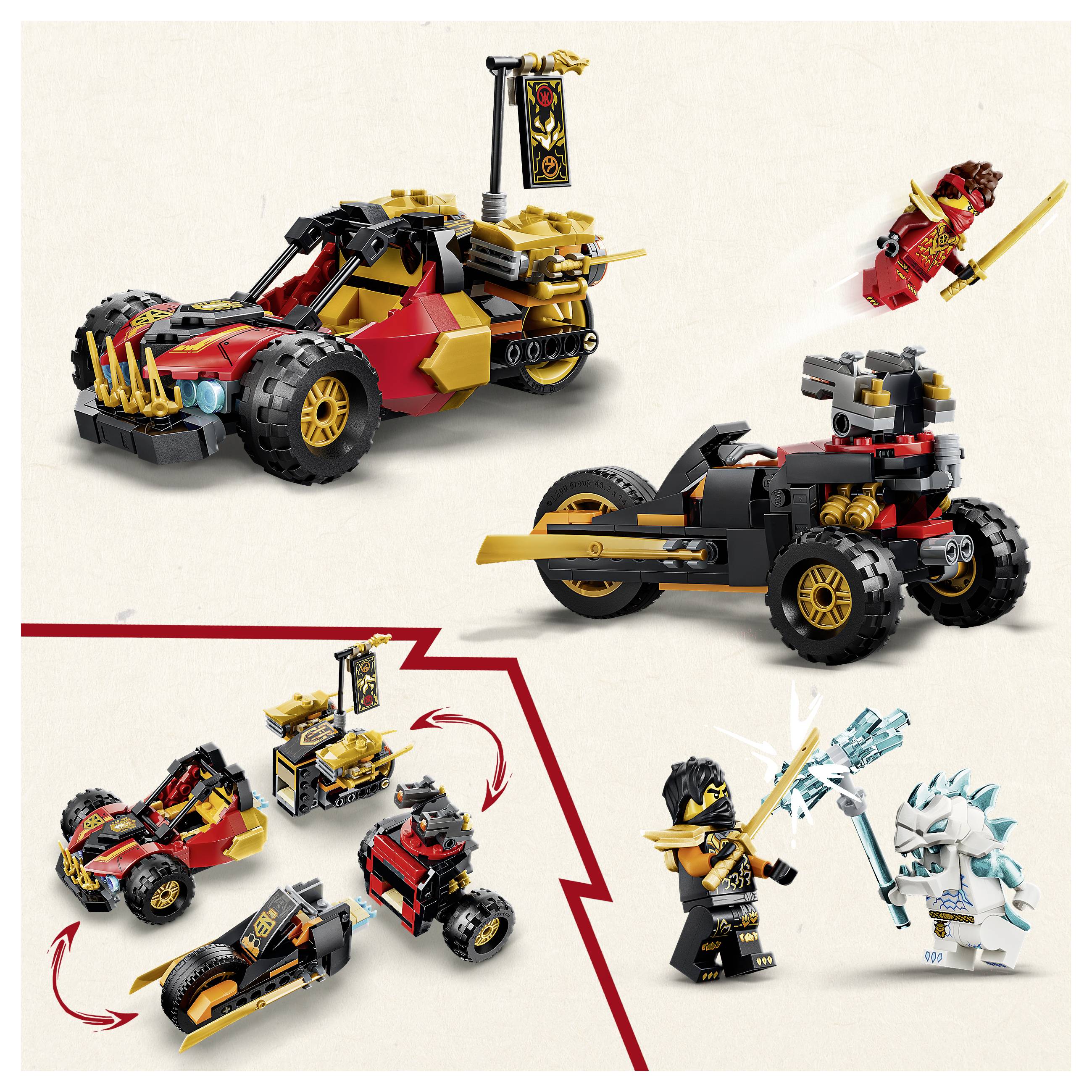 Sada LEGO Ninjago zobrazující dva červeno-černé stavby vozidel, figurku a bitevní scénu s černě oblečeným ninjou bojujícím proti ledové bytosti.
