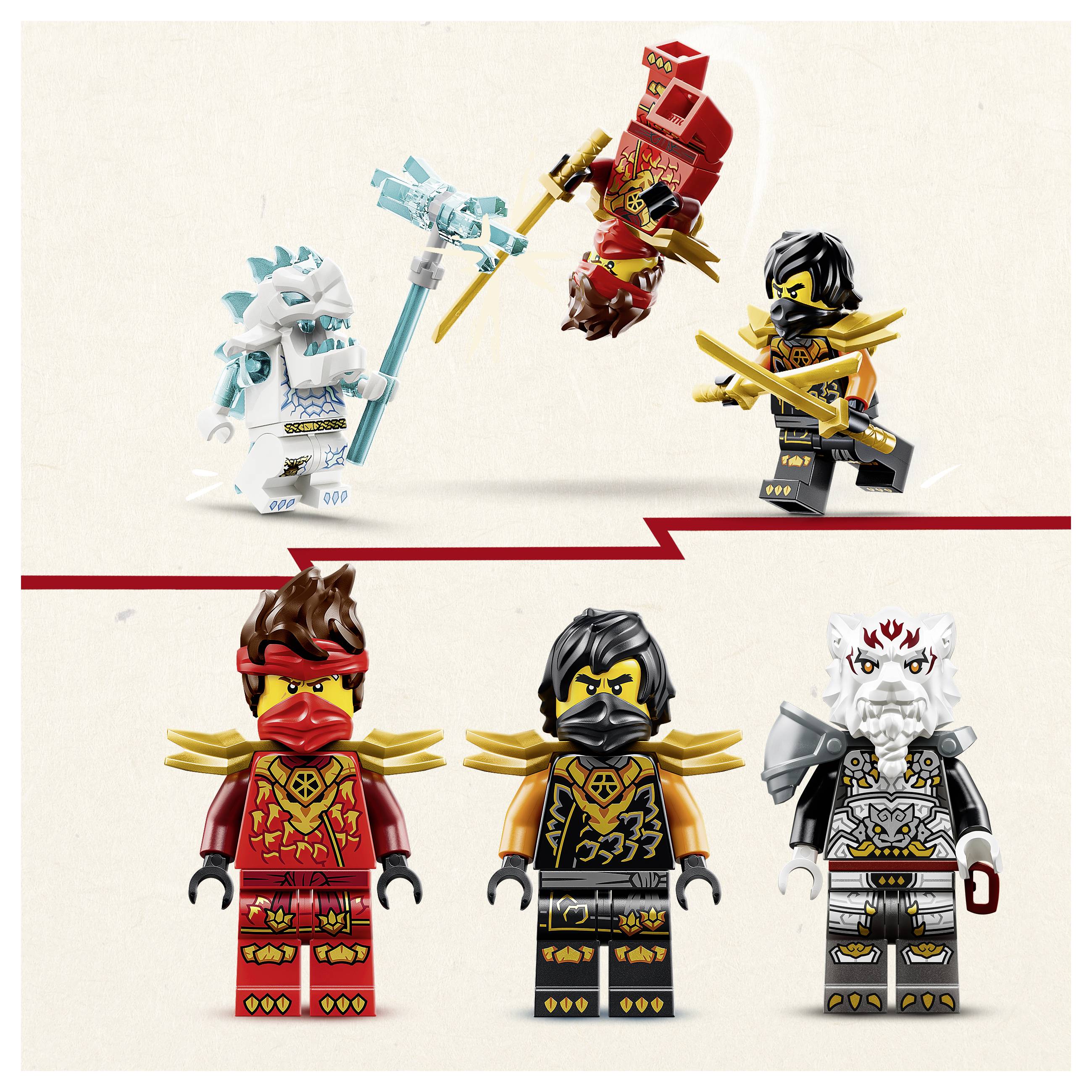 Figurky LEGO Ninjago zobrazené ve dvou skupinách: čtyři akční pózy nahoře a tři minifigurky dole, včetně bílého, červeného, černého a šedého ninja postavy.