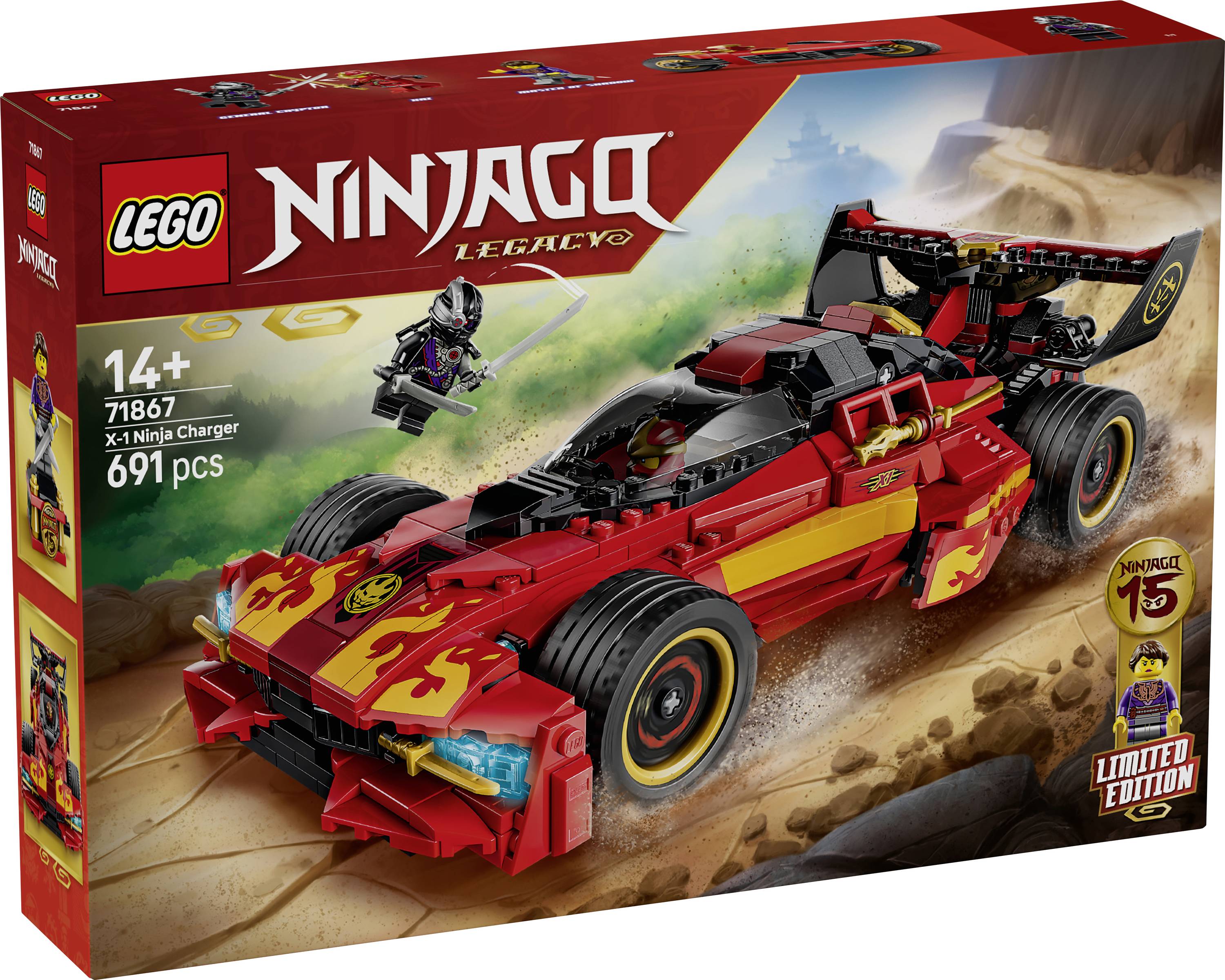 Krabice LEGO NINJAGO Legacy pro sadu 71867, X-1 Ninja Charger, věk 14+, 691 dílů, zobrazující červené závodní auto a ninjaovou minifigurku jedoucí přes písek.