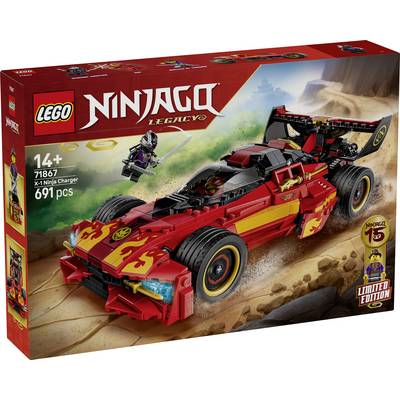 Krabice LEGO NINJAGO Legacy pro sadu 71867, X-1 Ninja Charger, věk 14+, 691 dílů, zobrazující červené závodní auto a ninjaovou minifigurku jedoucí přes písek.