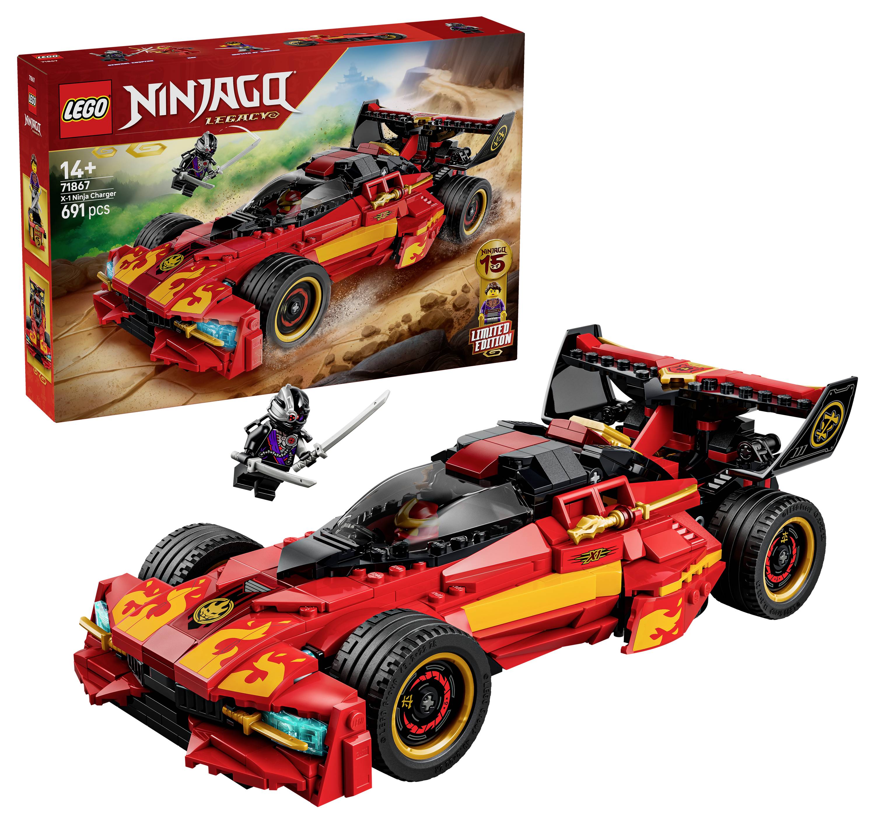 LEGO Ninjago Legacy krabice a postavený červený závodní automobil s miniaturou ninjaů, označený věkem 14+ a 691 kusů, zobrazený na bílém pozadí.