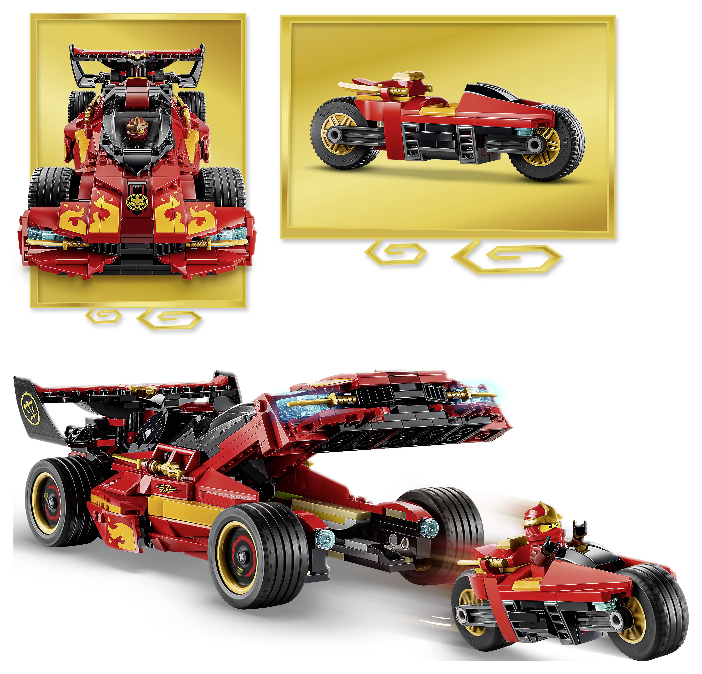 Červeno-černé závodní auto LEGO zobrazené v přední, boční a transformačních pohledech, s malým odpojitelným motocyklem v balení.