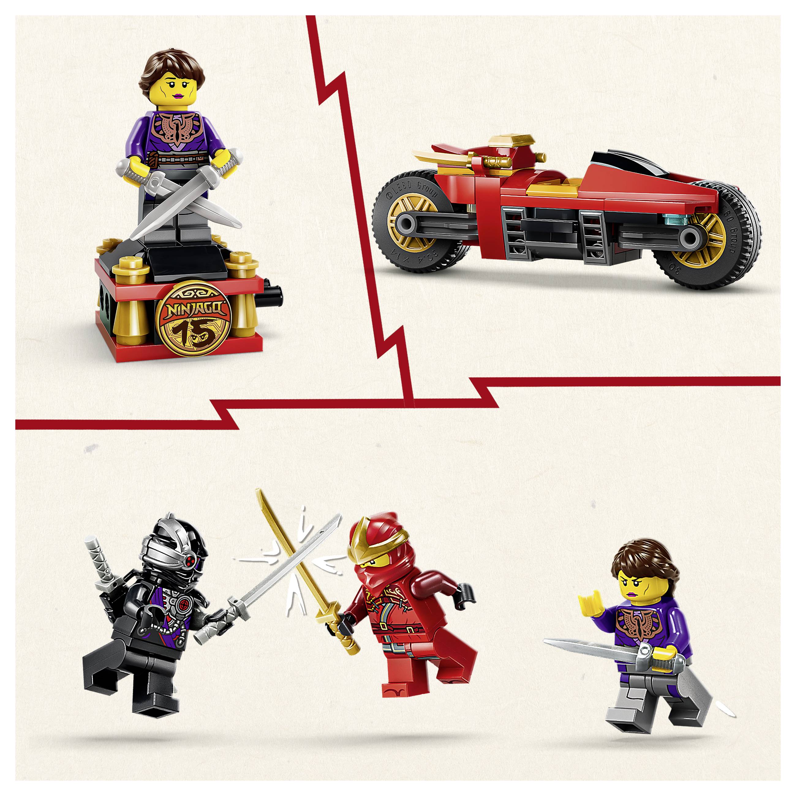 LEGO Ninjago 15. výročí obrázek ukazující stojan na displej minifigurek, červený motocykl a tři ninja figurky s meči na krémovém pozadí.