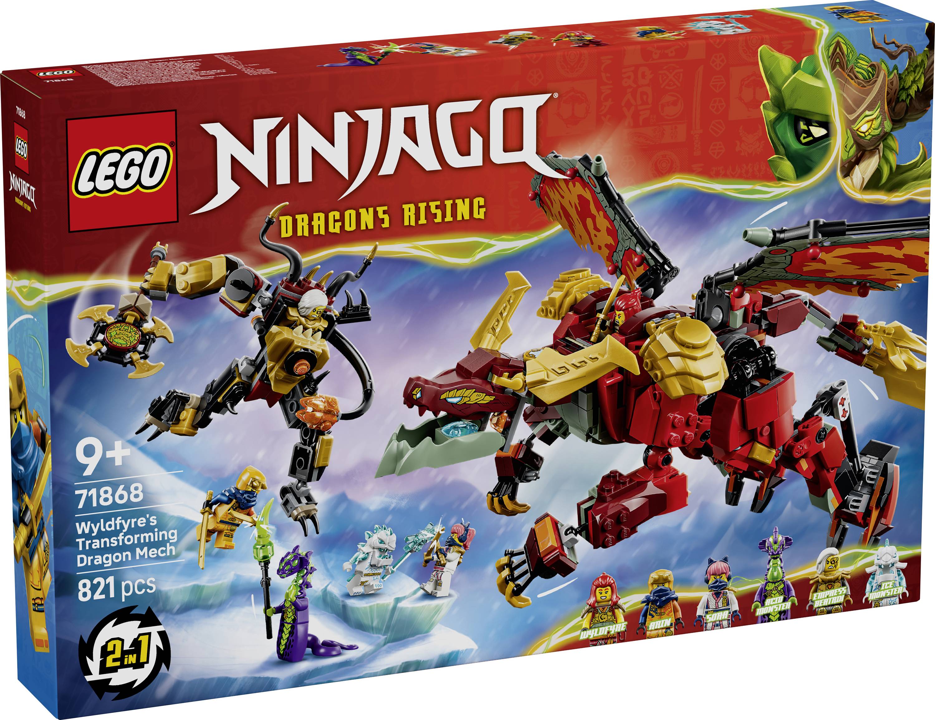 LEGO NINJAGO Dračí vzestup obal sady Wildfyre's Transforming Dragon Mech, věk 9+, 821 dílků, zobrazující červeného dračího robota a figurky.
