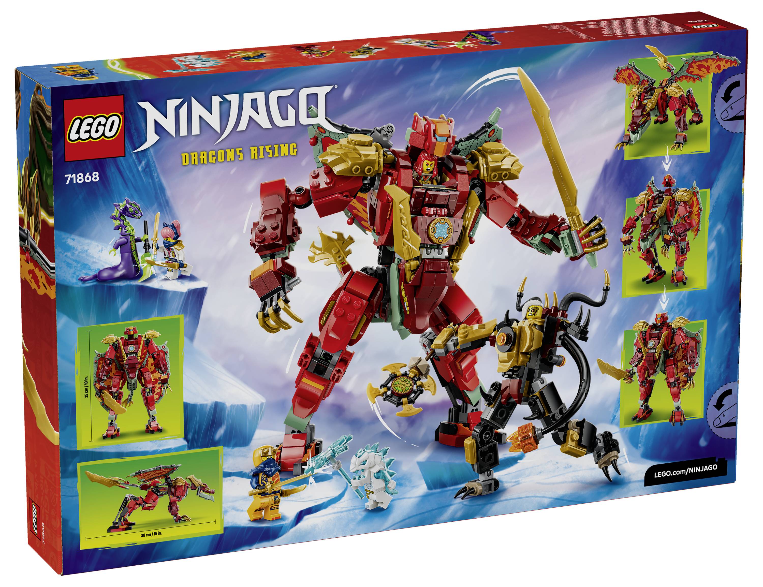 Krabice sady LEGO NINJAGO Dragons Rising zobrazující červený dračí mech v boji s černým a zlatým nepřítelem, s minifigurkami a obrázky staveb na obalu.