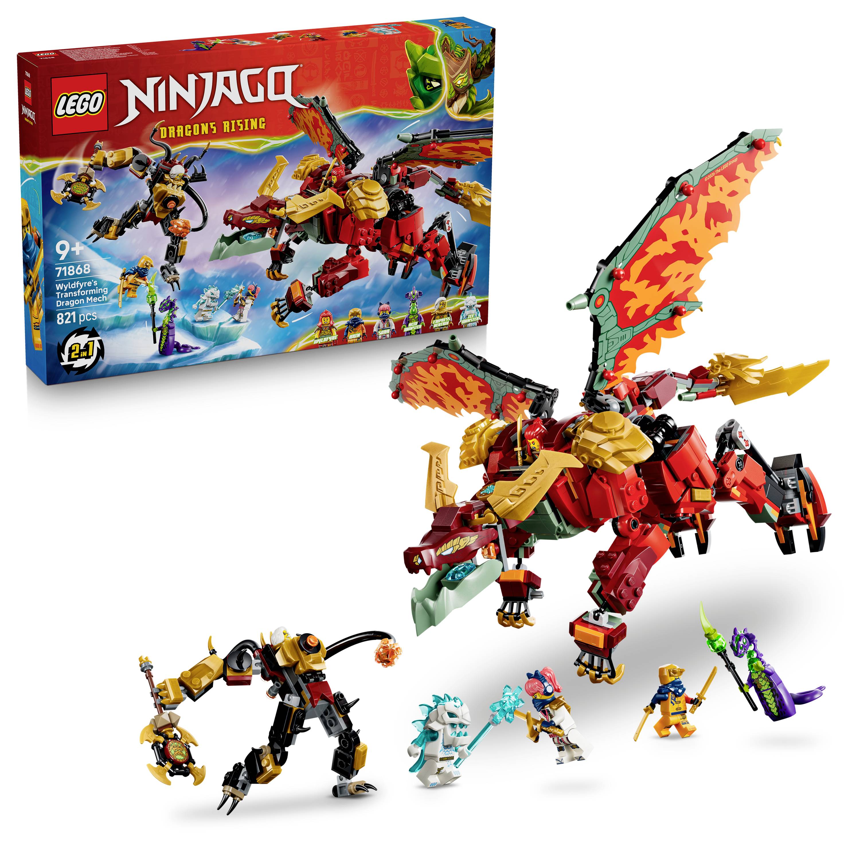 LEGO Ninjago Dragons Rising sada v krabici s červeným dracího modelem a několika miniaturními figurkami vystavenými na bílém pozadí.