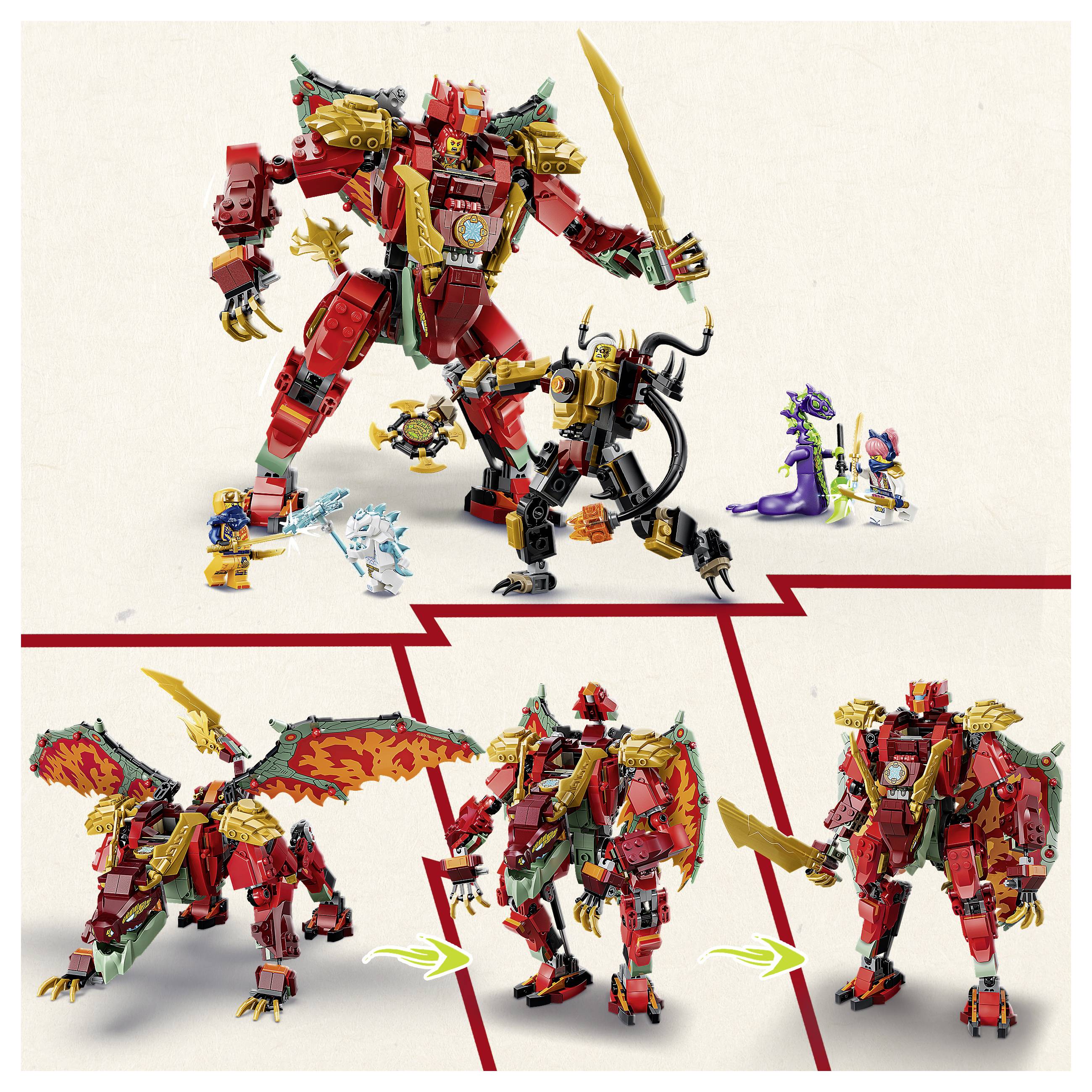 LEGO stylová fantazijní mechanická souprava zobrazující velkého červeného válečného robota s menšími figurkami, plus tři alternativní pózy/transformace níže oddělené červenými čarami.