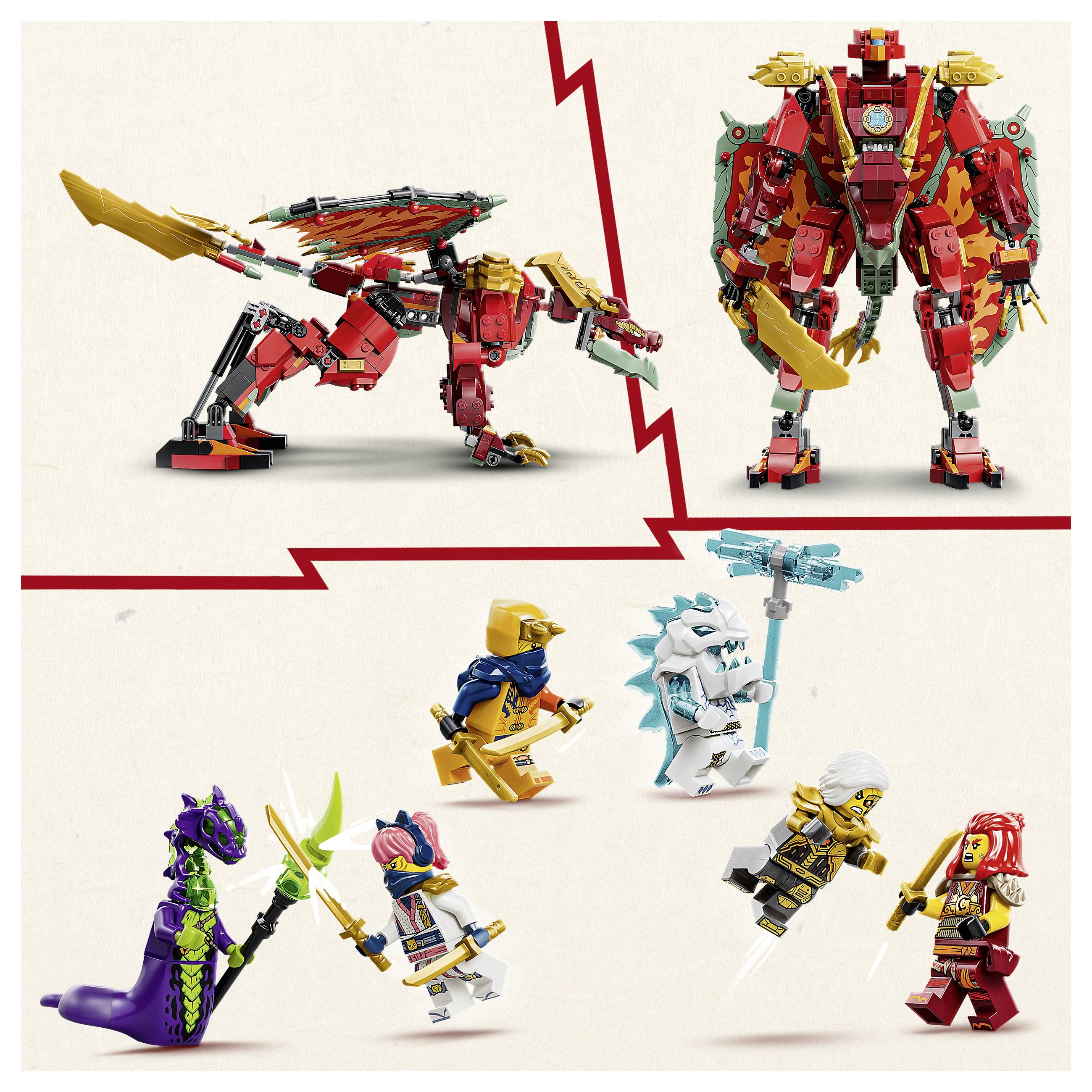 Zobrazené sady LEGO NINJAGO: červený drak ve dvou polohách a pět miniaturních figurek, včetně purpurového válečníka hada a několika ninjů se zbraněmi.