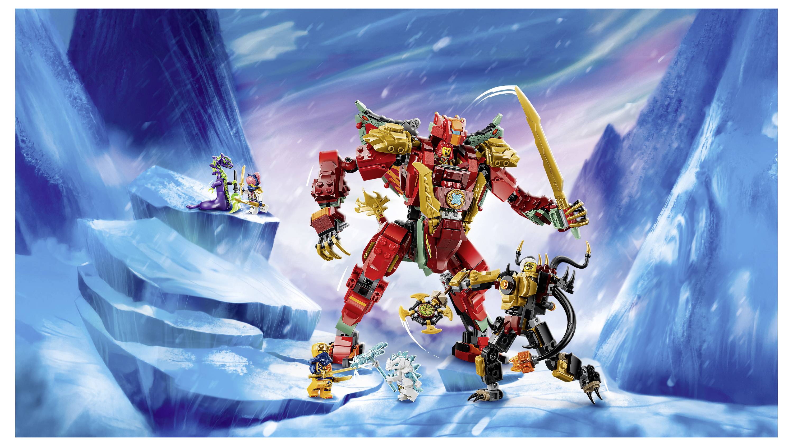 Scéna v LEGO stylu s obří červeným robotem držícím meč, menšími figurkami útočícími a ledovitou horskou pozadím.