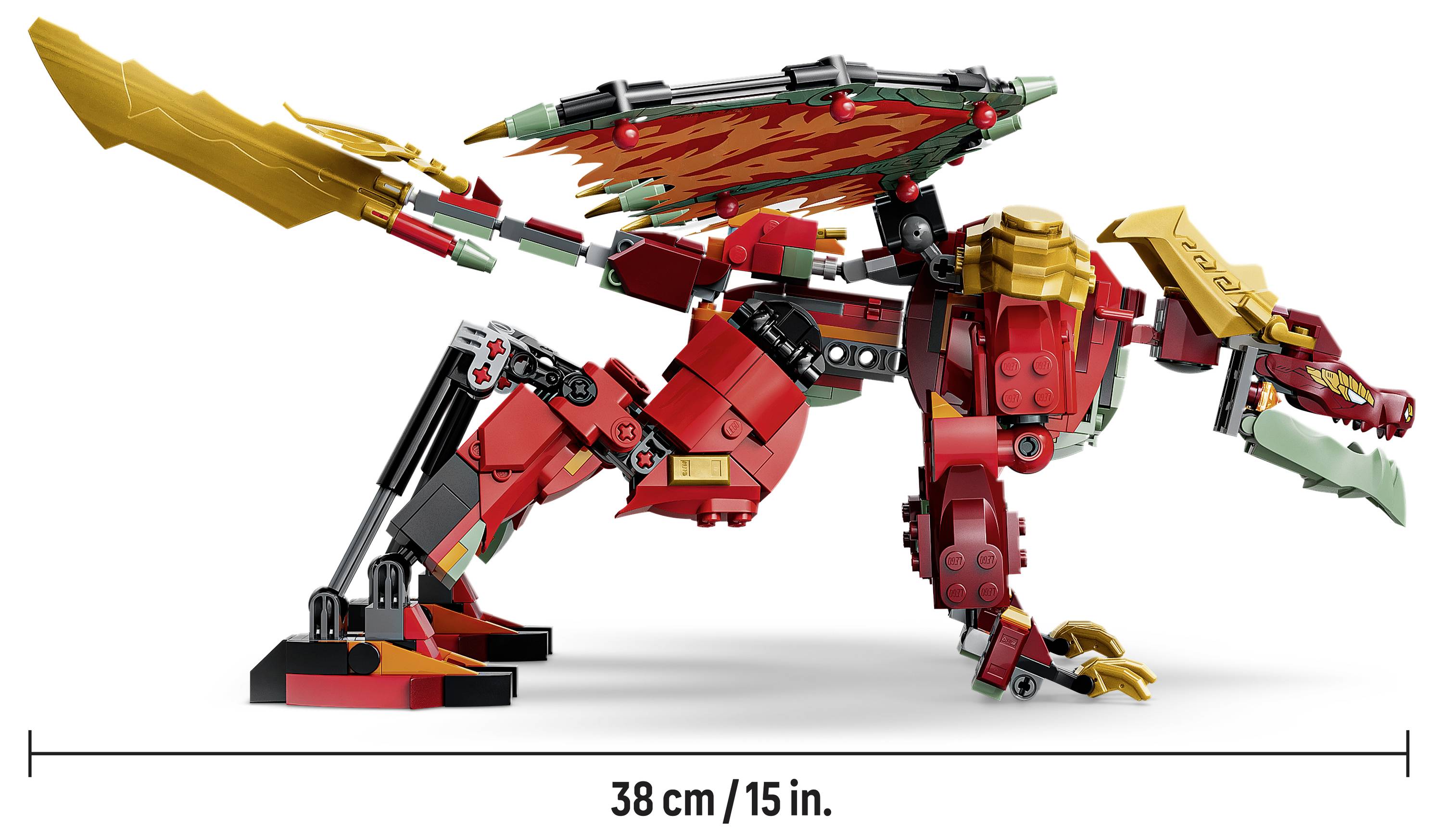LEGO-stylová červená figurka draka v bočním pohledu s křídly, ocasem a drápy, zobrazená s měřítkem velikosti 38 cm/15 palců.