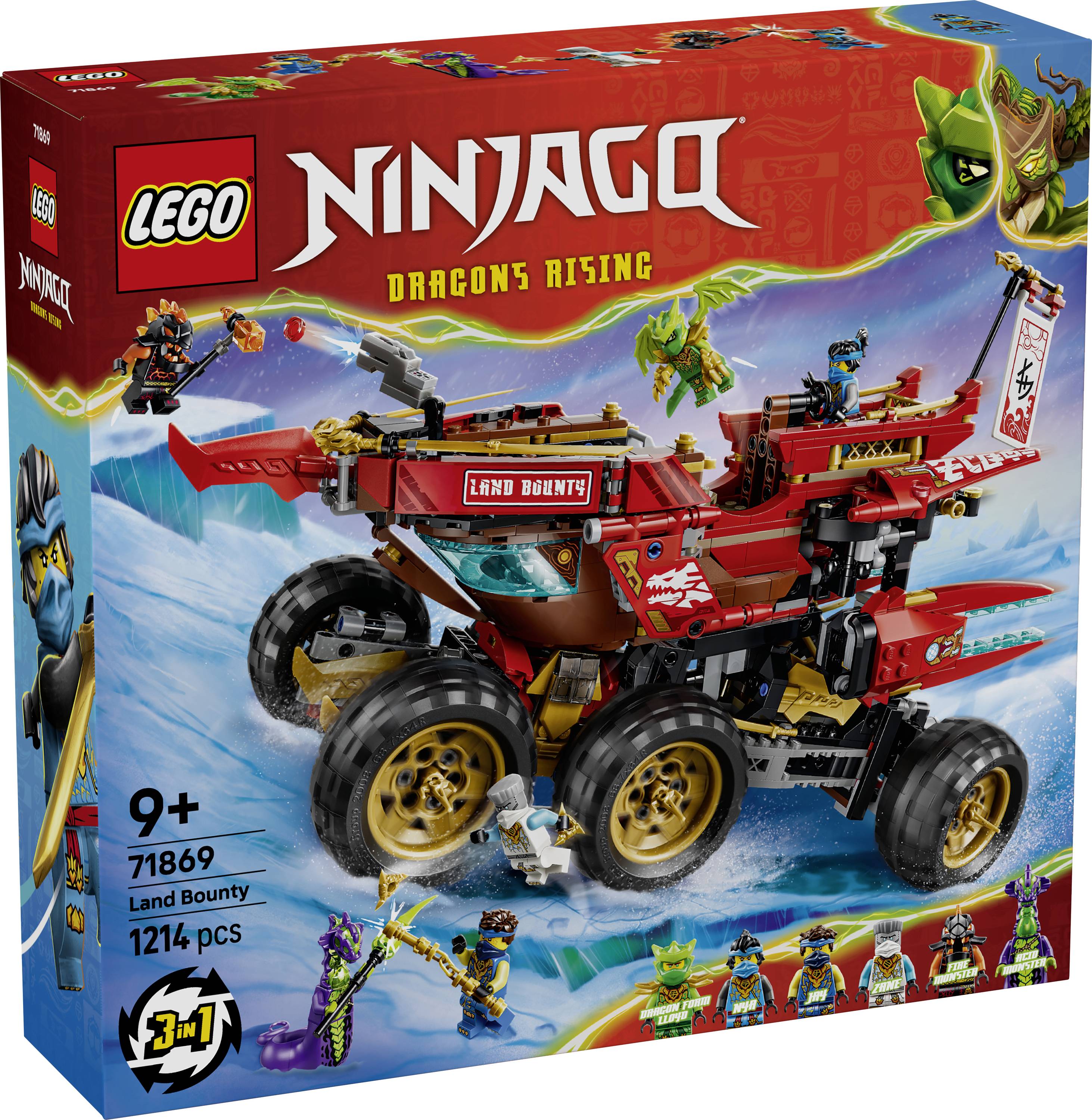 LEGO Ninjago Dragons Rising "Land Bounty" sada 3-v-1, krabice zobrazující červené vozidlo s více koly a figurkami Ninjago; věk 9+, 1214 dílků.