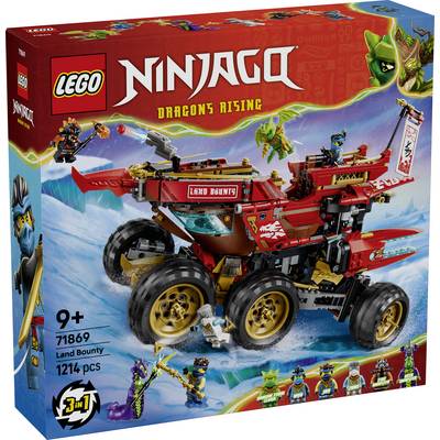 LEGO Ninjago Dragons Rising "Land Bounty" sada 3-v-1, krabice zobrazující červené vozidlo s více koly a figurkami Ninjago; věk 9+, 1214 dílků.
