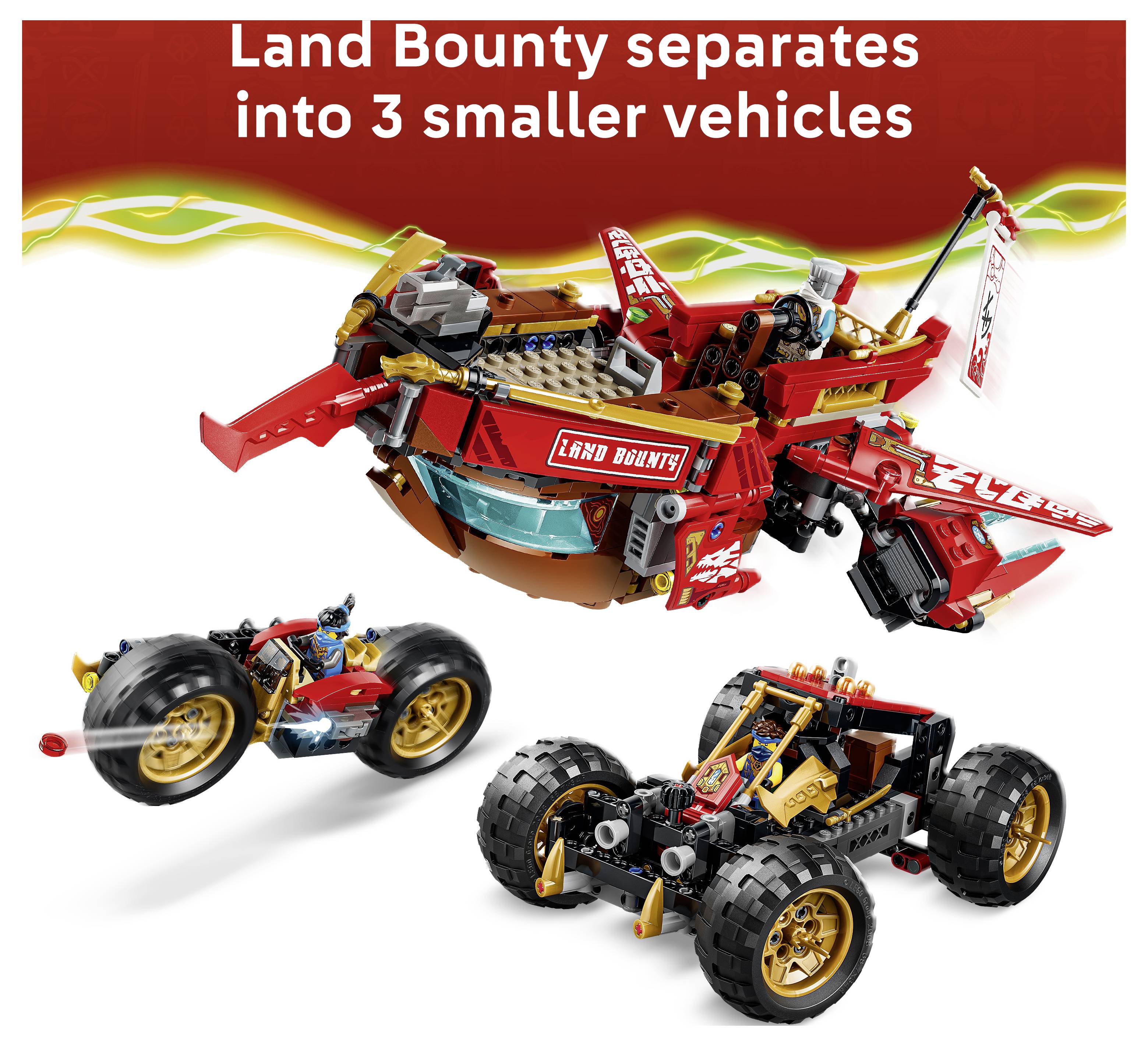 LEGO Land Bounty se rozděluje na 3 menší vozidla: centrální červený letoun a dvě oddělená terénní vozidla na bílém pozadí.
