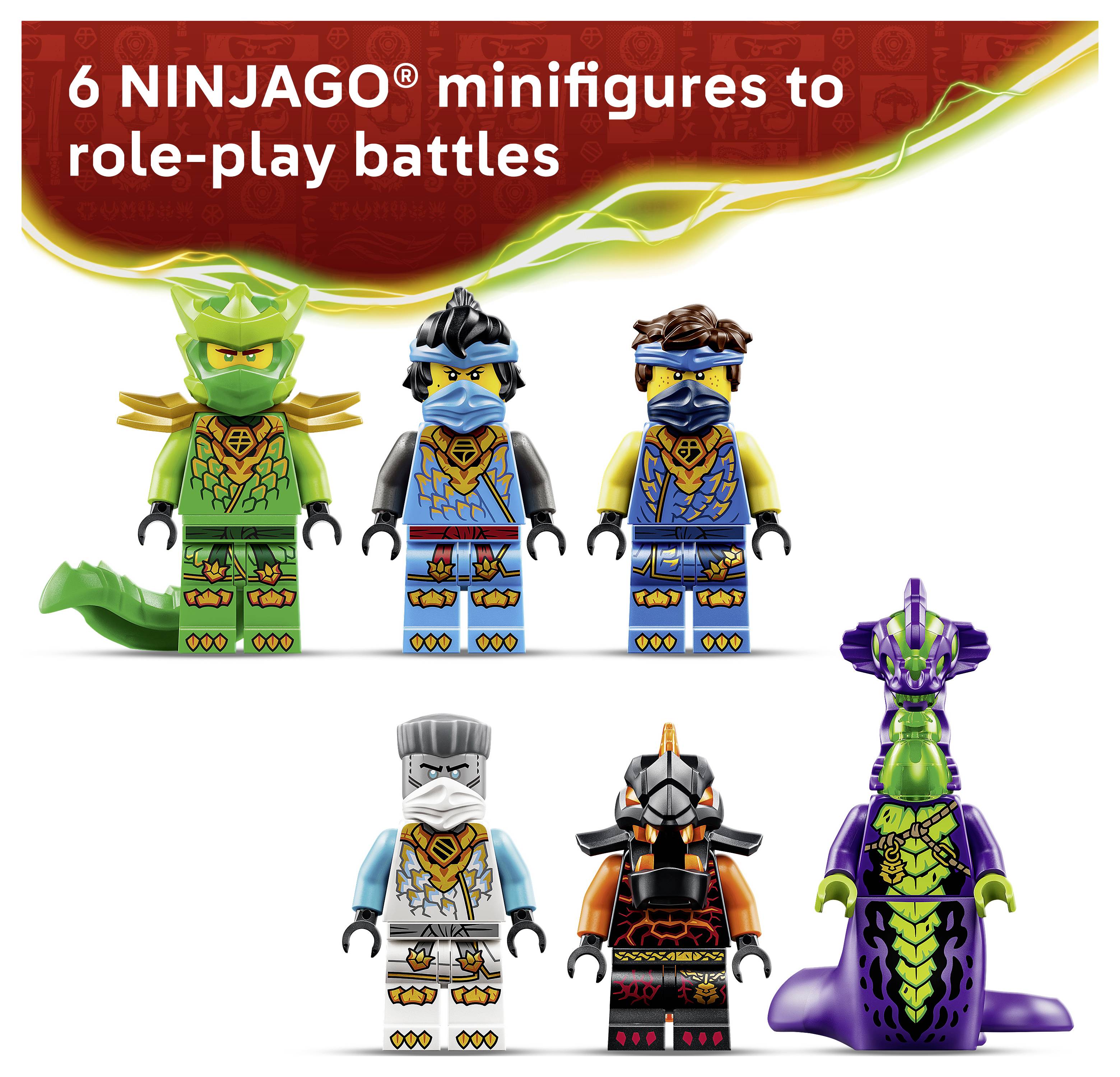 Propagační obrázek zobrazující 6 miniaturek NINJAGO pro hraní na bojové scény, se šesti ninja postavami v zelených, modrých, bílých, černých a fialových uniformách.