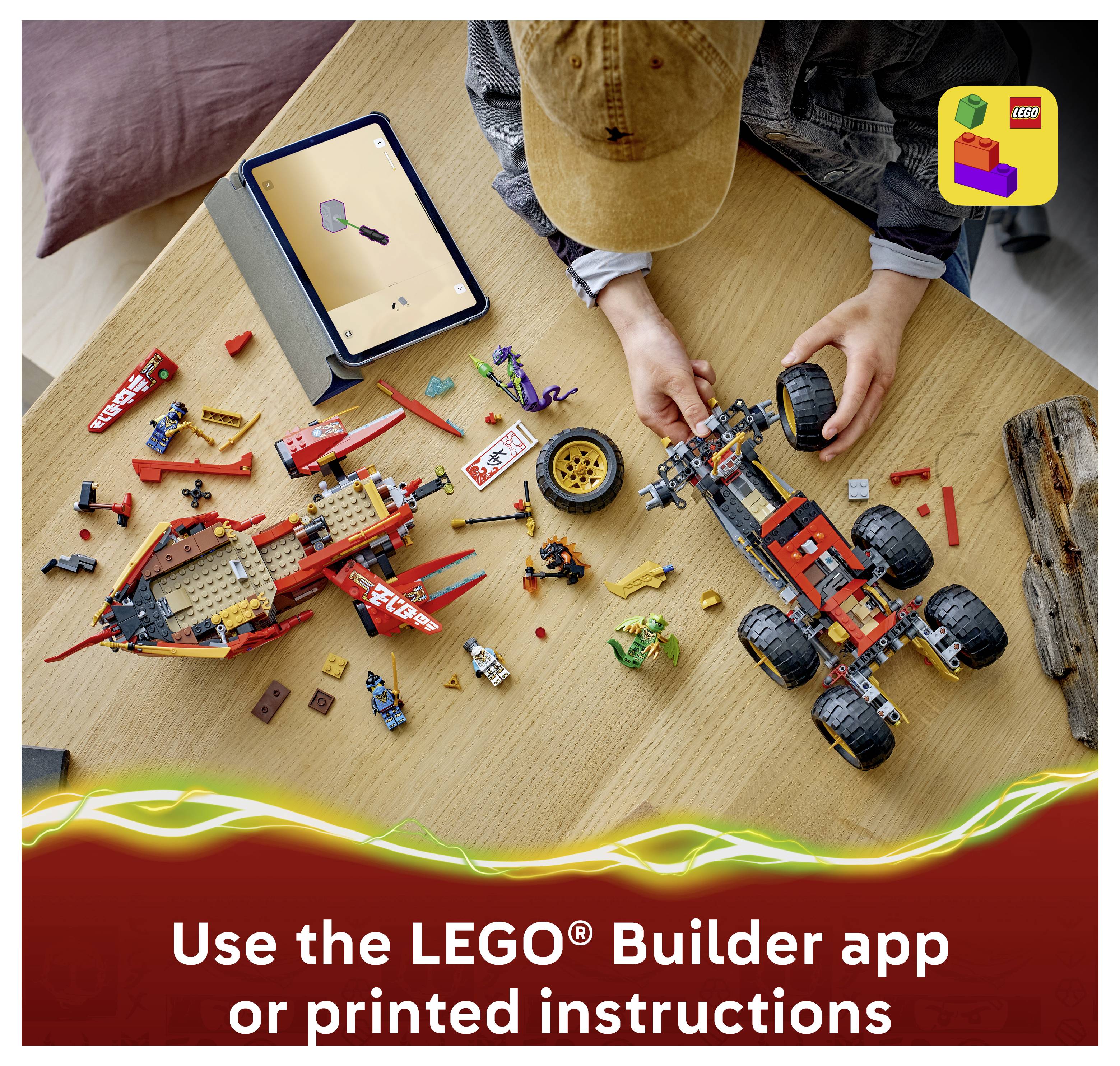Dítě skládá vozidlo LEGO Technic u stolu s rozloženými součástkami, používá tablet; text říká "Použijte aplikaci LEGO Builder nebo tištěné pokyny".