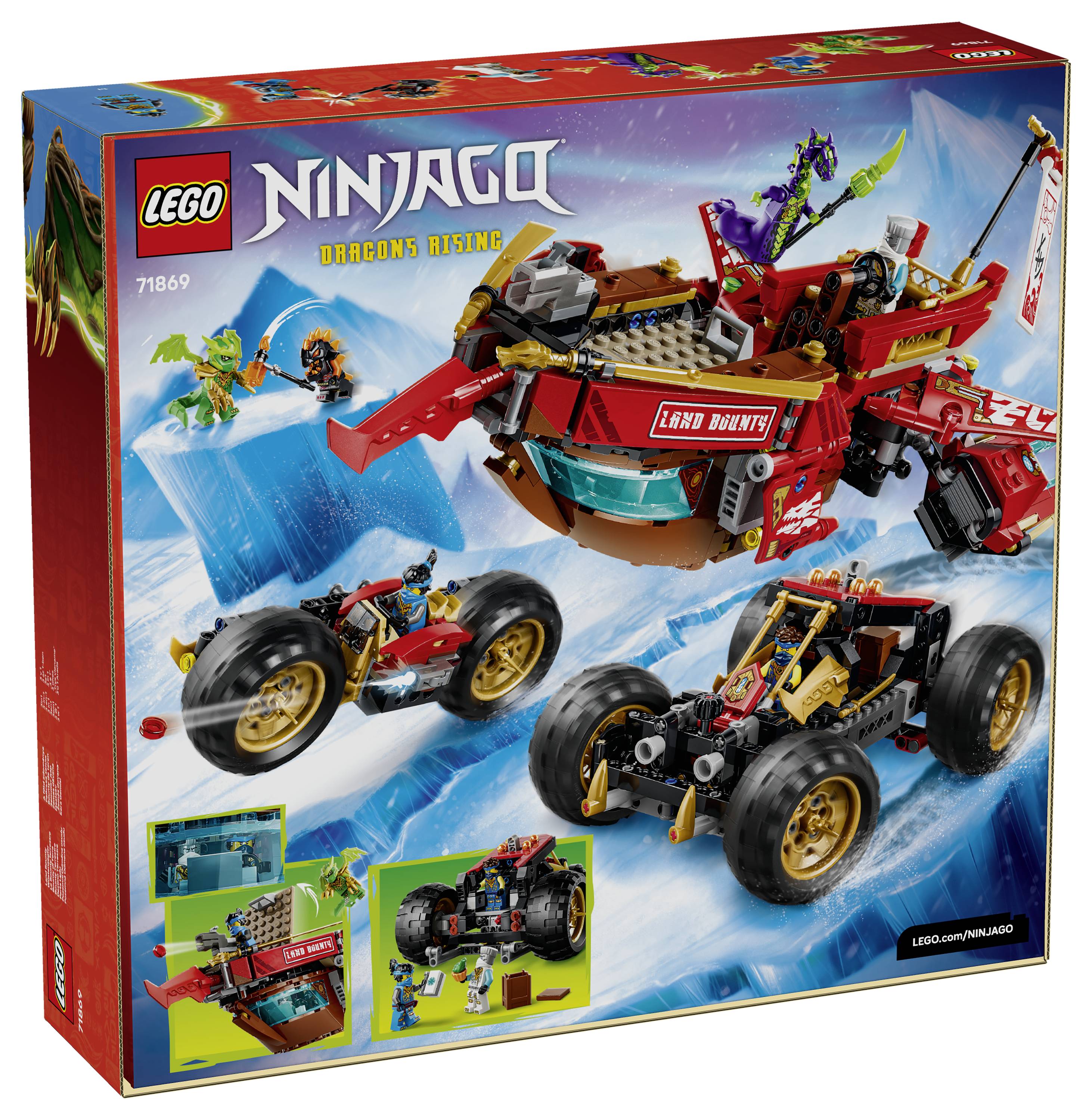 LEGO Ninjago 'Vzestup draků' obal sady zobrazující červenou loď 'Land Bounty' a dvě terénní vozidla s ninjanskými minifigurkami v akci.