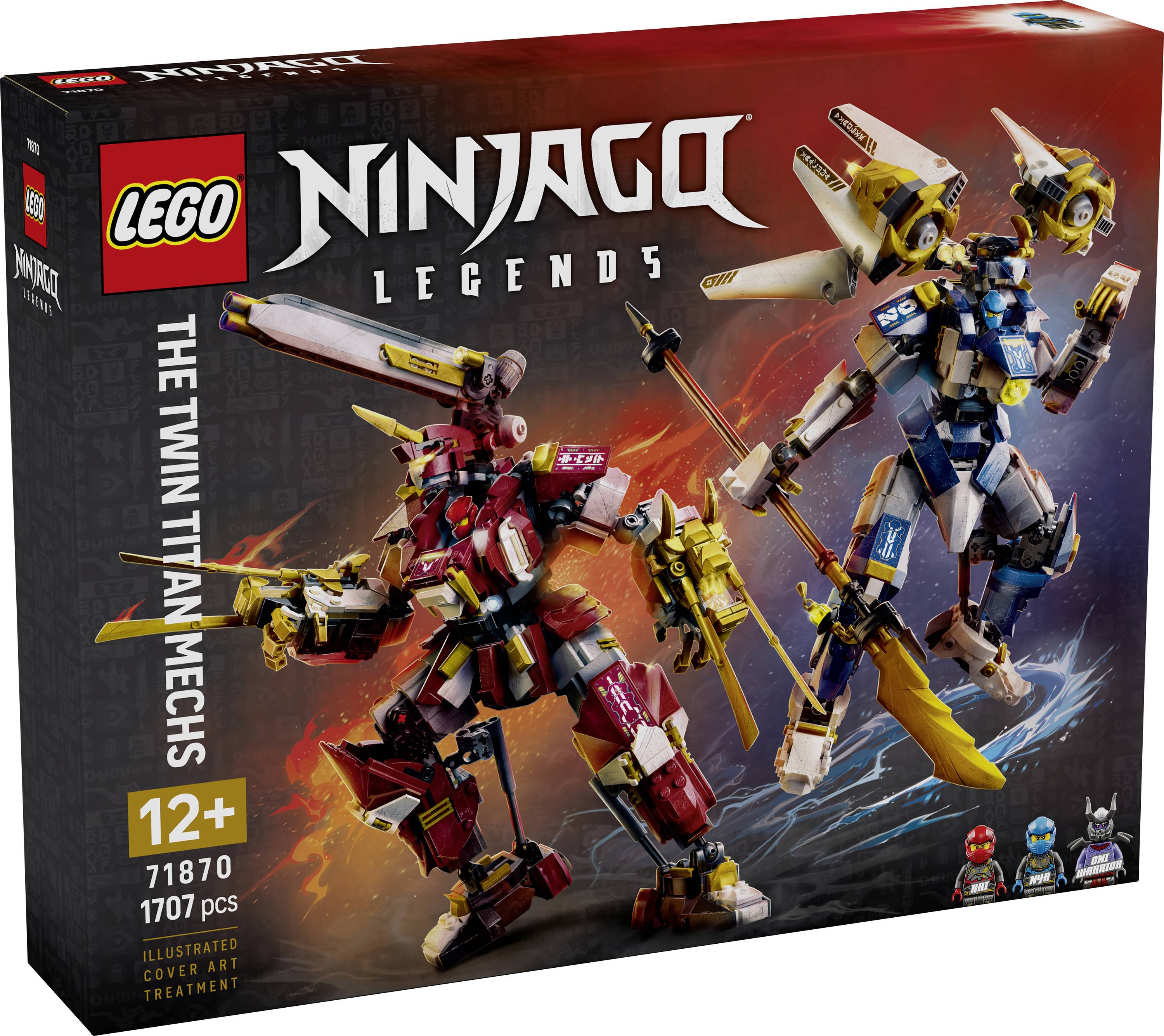 LEGO Ninjago Legends "Dvojčata titánských mechanů" obálka krabice zobrazující dva velké bojové mechanismy, věk 12+, sada 71870, 1707 dílů.