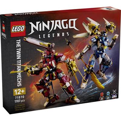 LEGO Ninjago Legends "Dvojčata titánských mechanů" obálka krabice zobrazující dva velké bojové mechanismy, věk 12+, sada 71870, 1707 dílů.