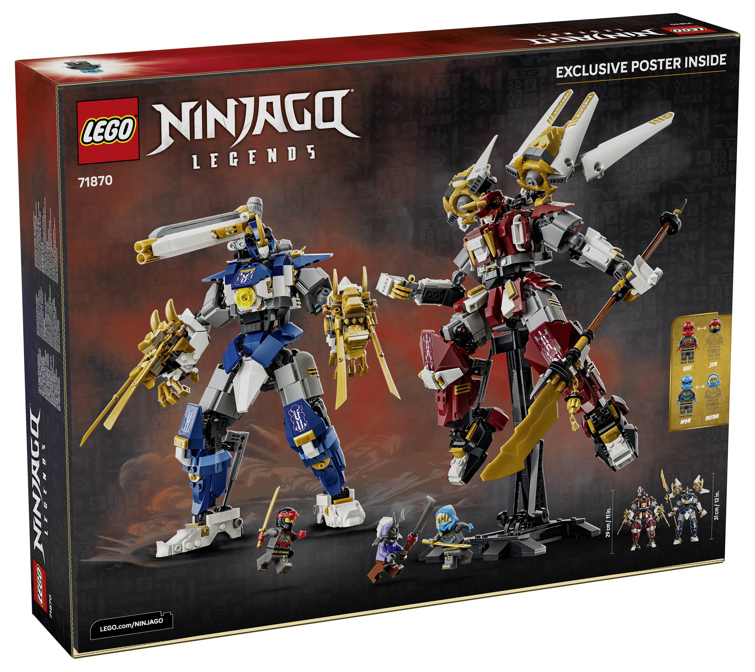 LEGO Ninjago Legendy box s dvěma obřími ninja roboty, modrým a červeným, s minifigurkami a textem „Exkluzivní plakát uvnitř".
