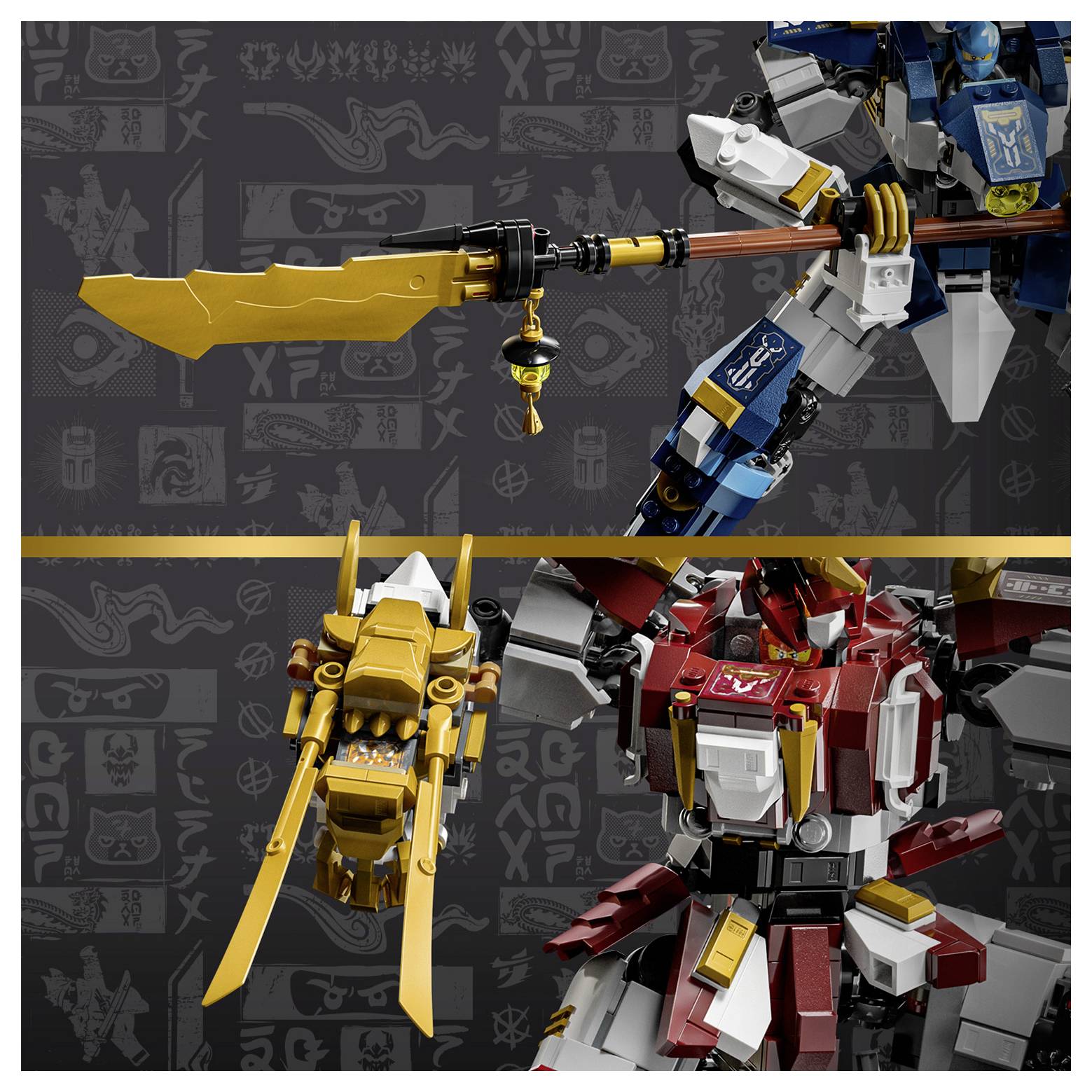 Propagační obrázek LEGO NINJAGO mechanických obrů a zbraní: modrá a bílá postava se zlatým mečem nahoře a červeno-zlatí plus zlatí mechanické obrové dole.