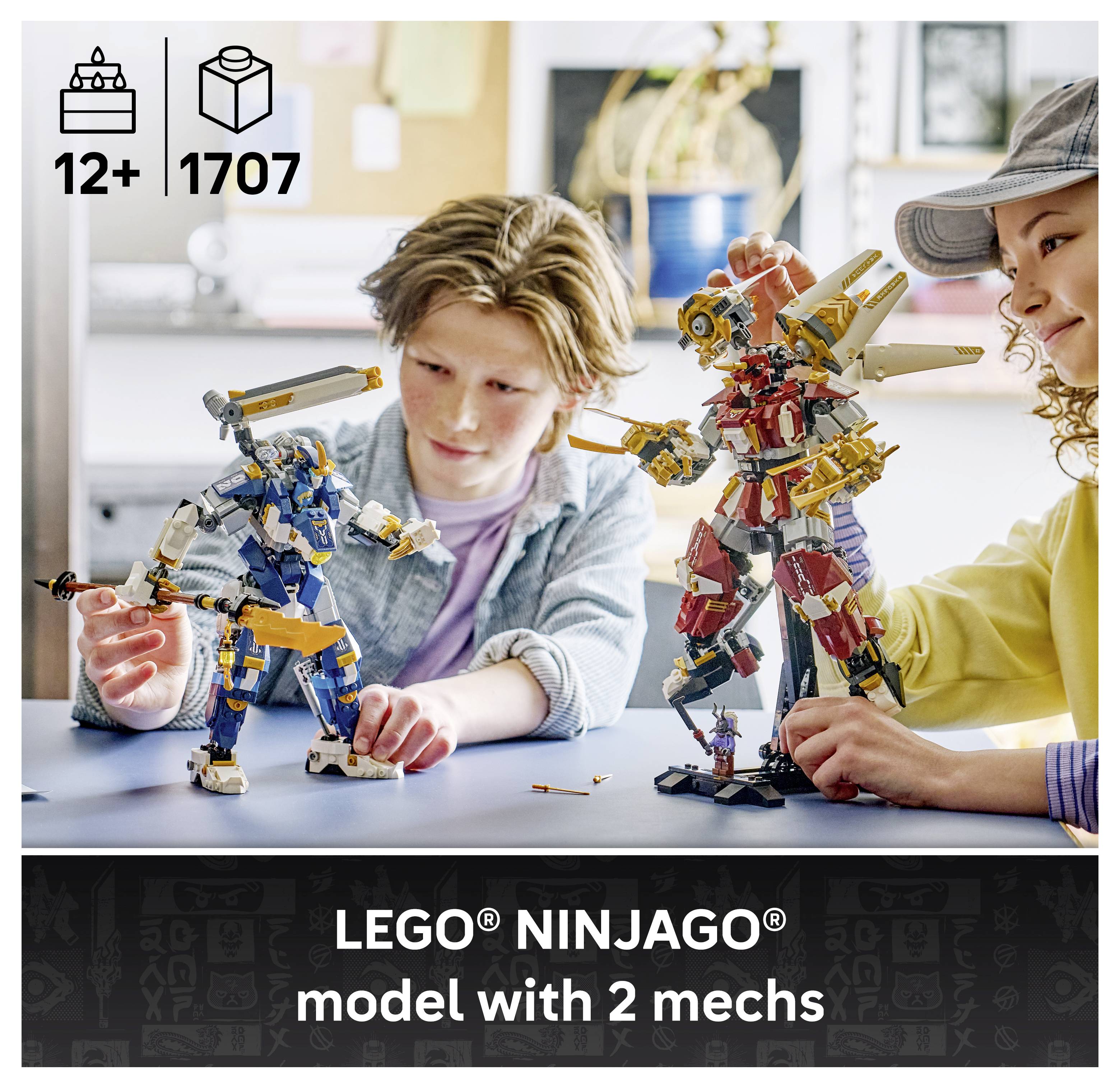 Dva děti skládají a hrají si se dvěma modely LEGO NINJAGO mechanů; text říká "Model LEGO NINJAGO se 2 mechanismy" a věk 12+, sada 1707.