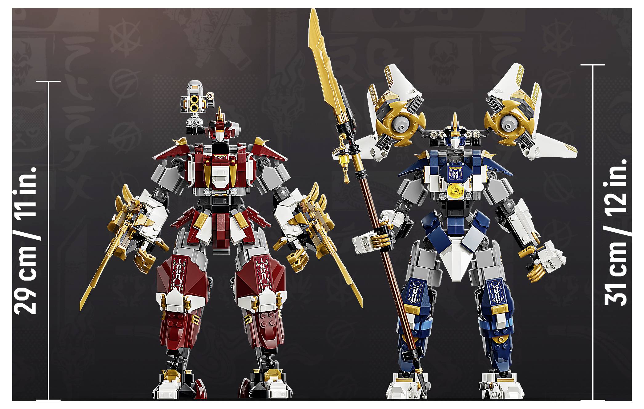 Obrázek produktu porovnávající dva LEGO-style roboty s značkami výšky: vlevo 11 palců (29 cm), vpravo 12 palců (31 cm).