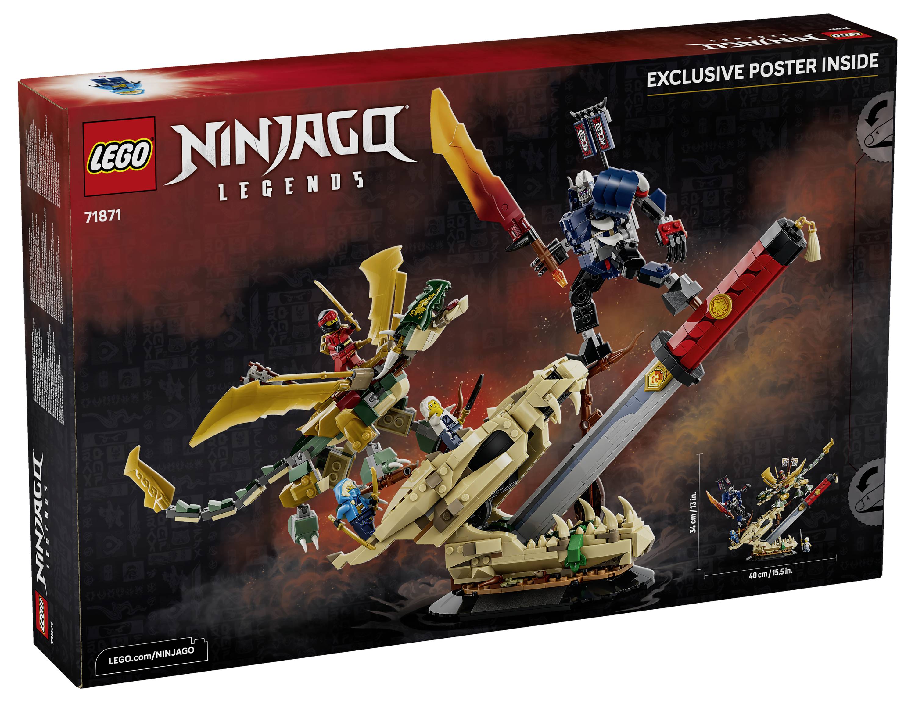 Krabice LEGO Ninjago Legends pro sadu 71871 zobrazující stavbu s bitvou draků se minifigurkami a textem „Exkluzivní plakát uvnitř".