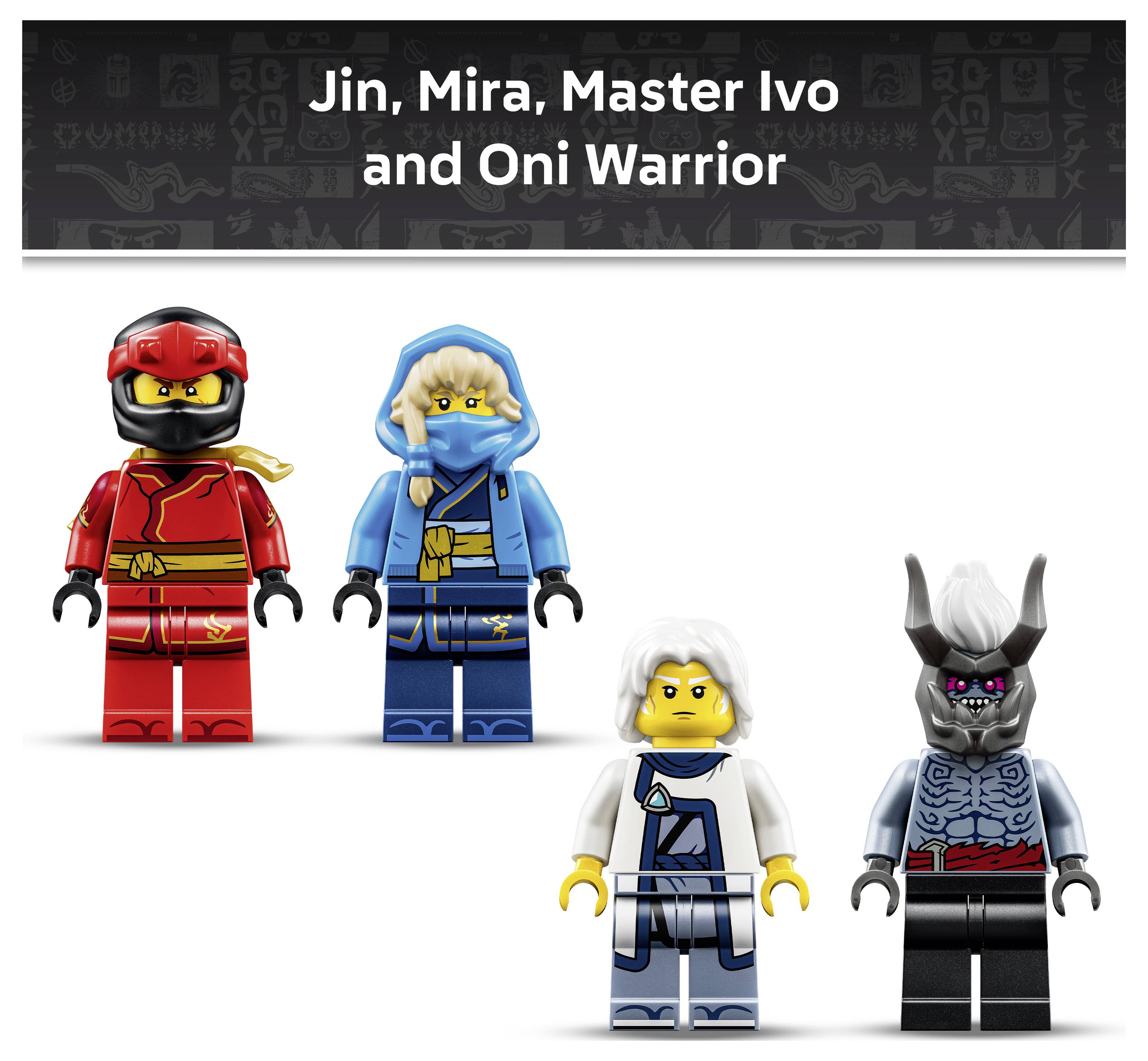 Obrázek čtyř miniaturek LEGO Ninjago označených jako Jin, Mira, Mistr Ivo a Oni Warrior, zobrazených na bílém pozadí.