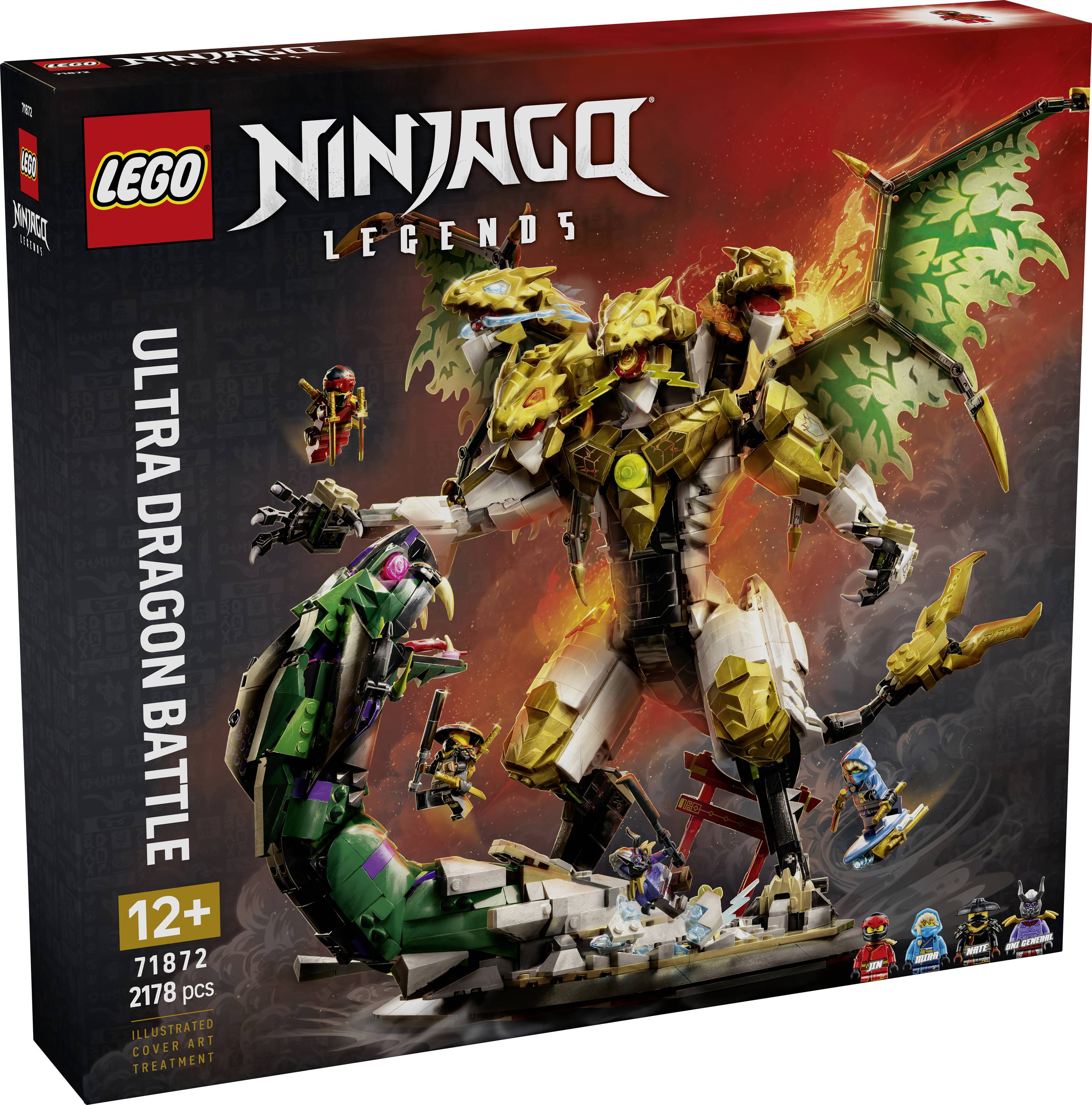 LEGO Ninjago Legends sada 'Ultra Dragon Battle' s obalem zobrazujícím zlatého vícehlavého draka bojujícího se zeleným drakem; věk 12+, 2178 dílků.