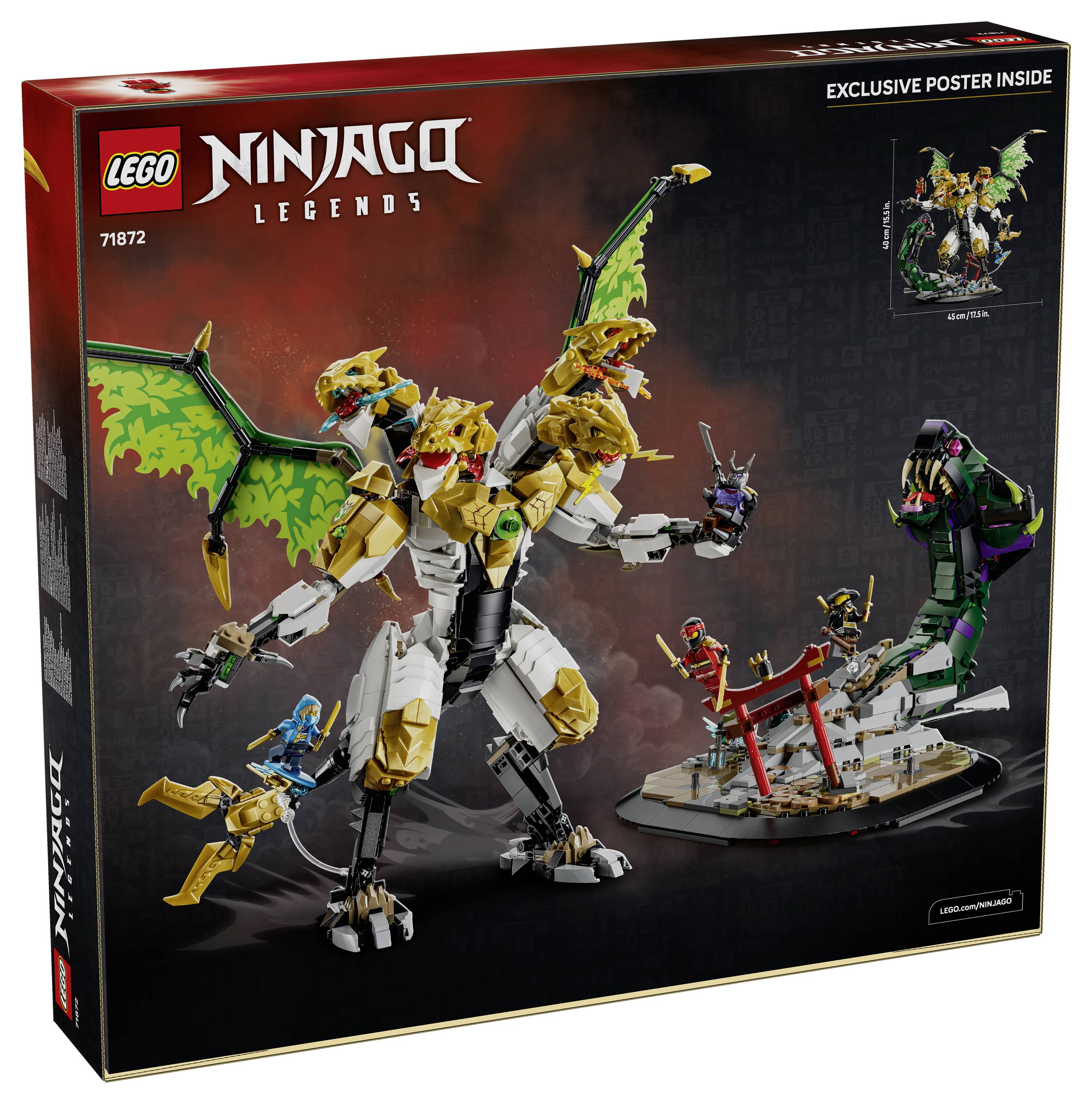 Krabice LEGO Ninjago Legends zobrazující velkého zlatobílého draka s minifigurkami a štítkem „Exkluzivní plakát v balení".