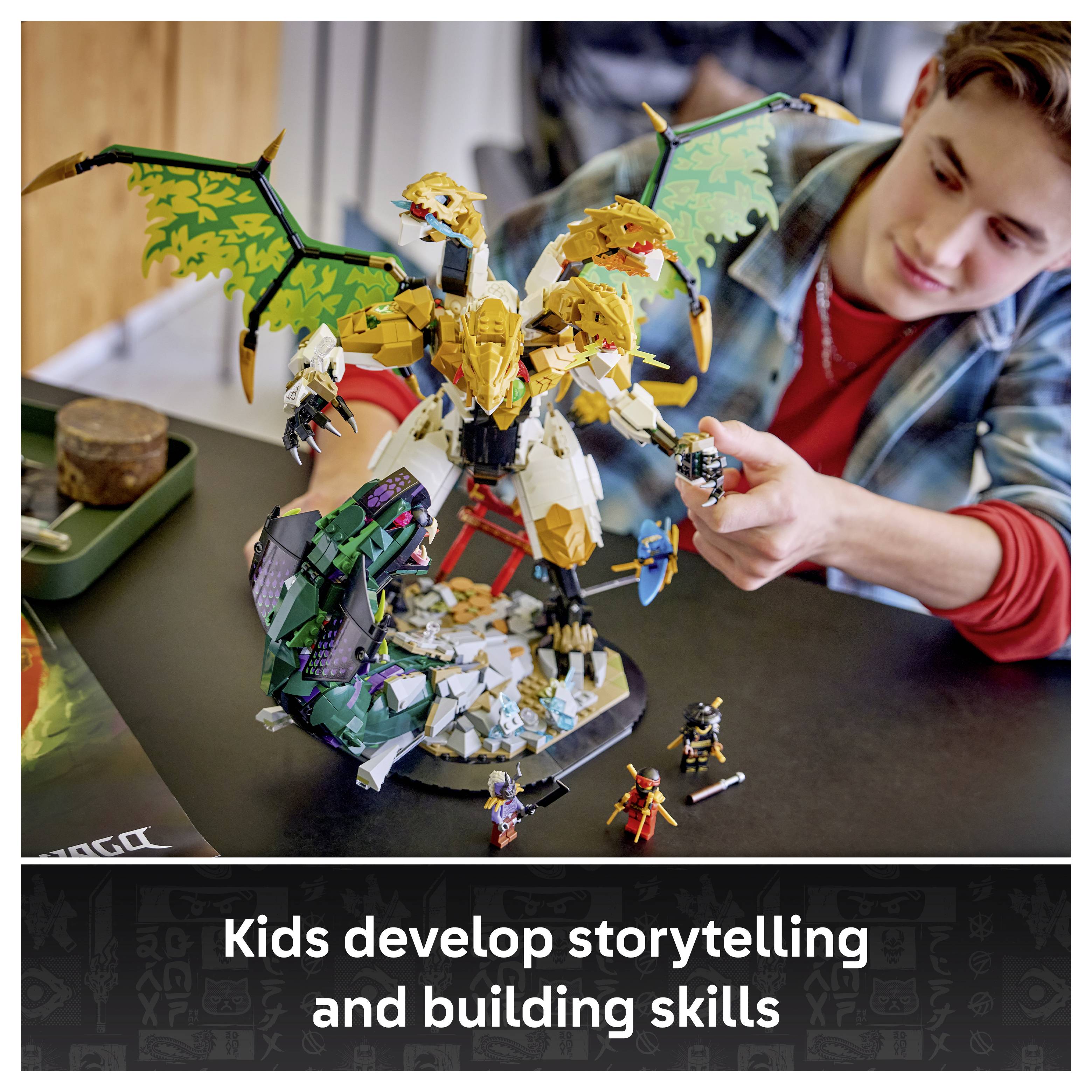 Teenager montuje velký model draka z LEGA na stole, což ilustruje, jak si děti rozvíjejí vypravěčské a stavební dovednosti.