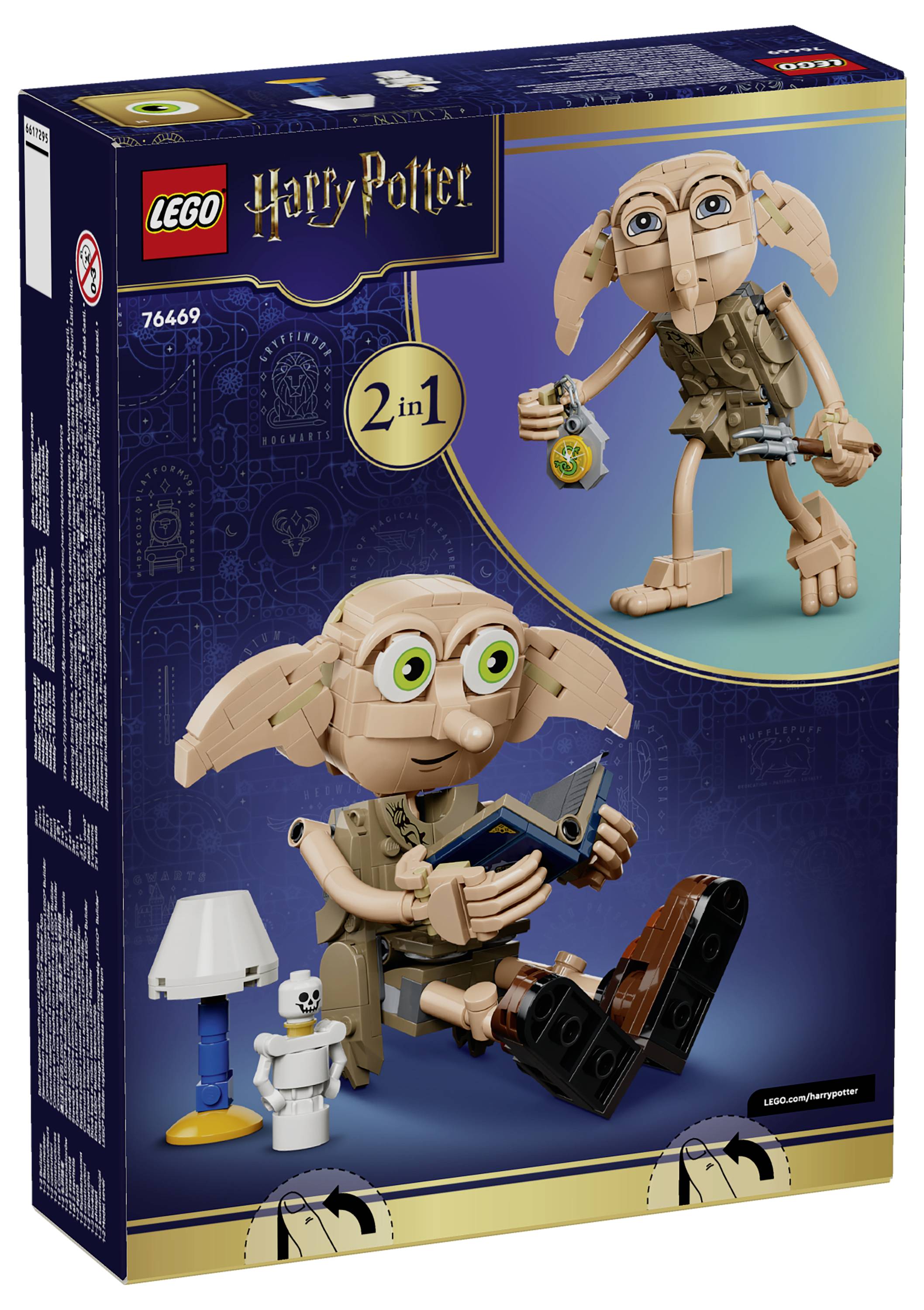LEGO Harry Potter Dobby domácí skřítek sada 2-v-1, zobrazující dvě verze postavy Dobbyho a malou lampu a ponožku jako doplňky.