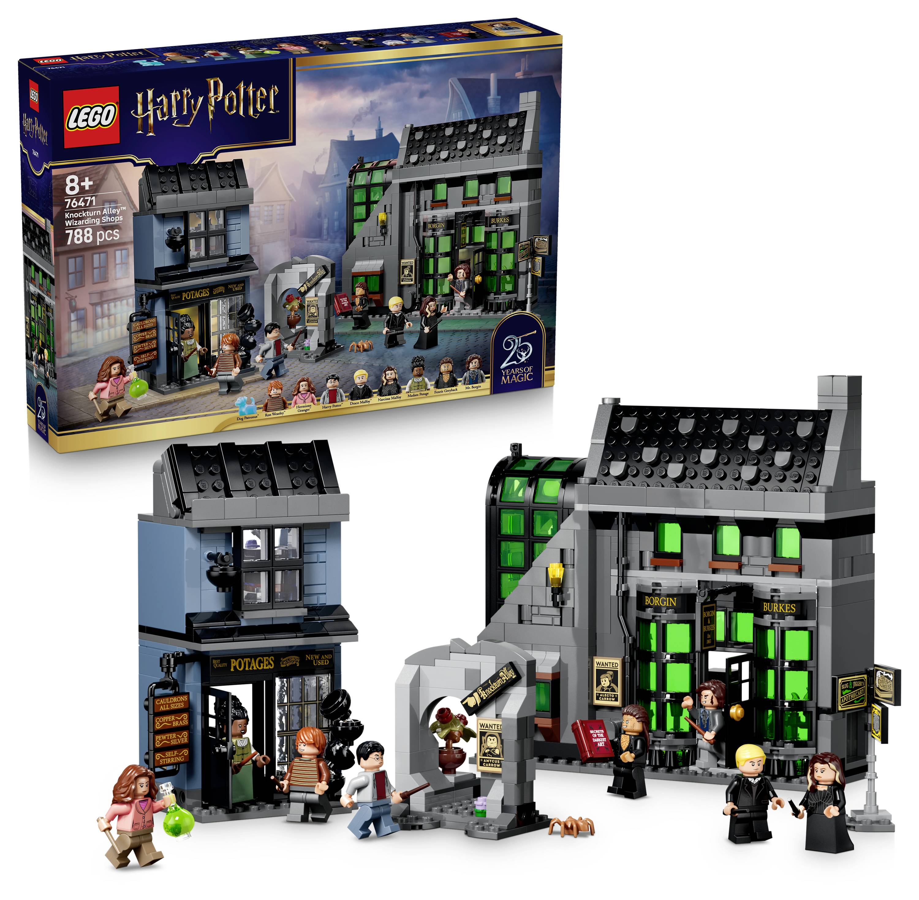 Sada LEGO Harry Potter Diagon Alley se skládá z krabice, postavené modelo dvou obchodů, miniaturních figurek, doplňků a 788 dílů.