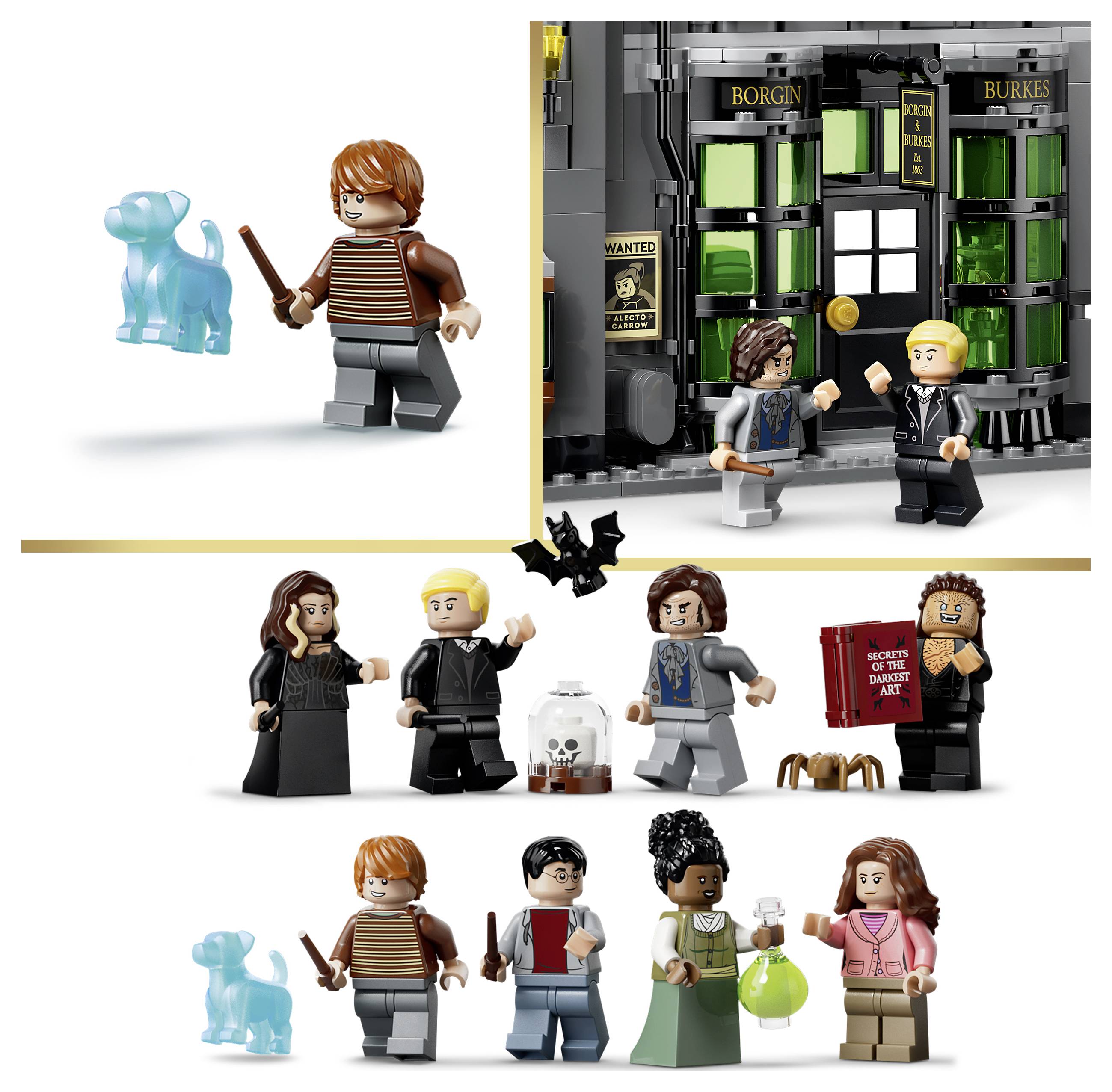 Koláž LEGO minifigurek z Harry Pottera a průsvitné modré postavy podobné Patronusovi, včetně scény obchodu v Diagon Alley a několika párů postav.