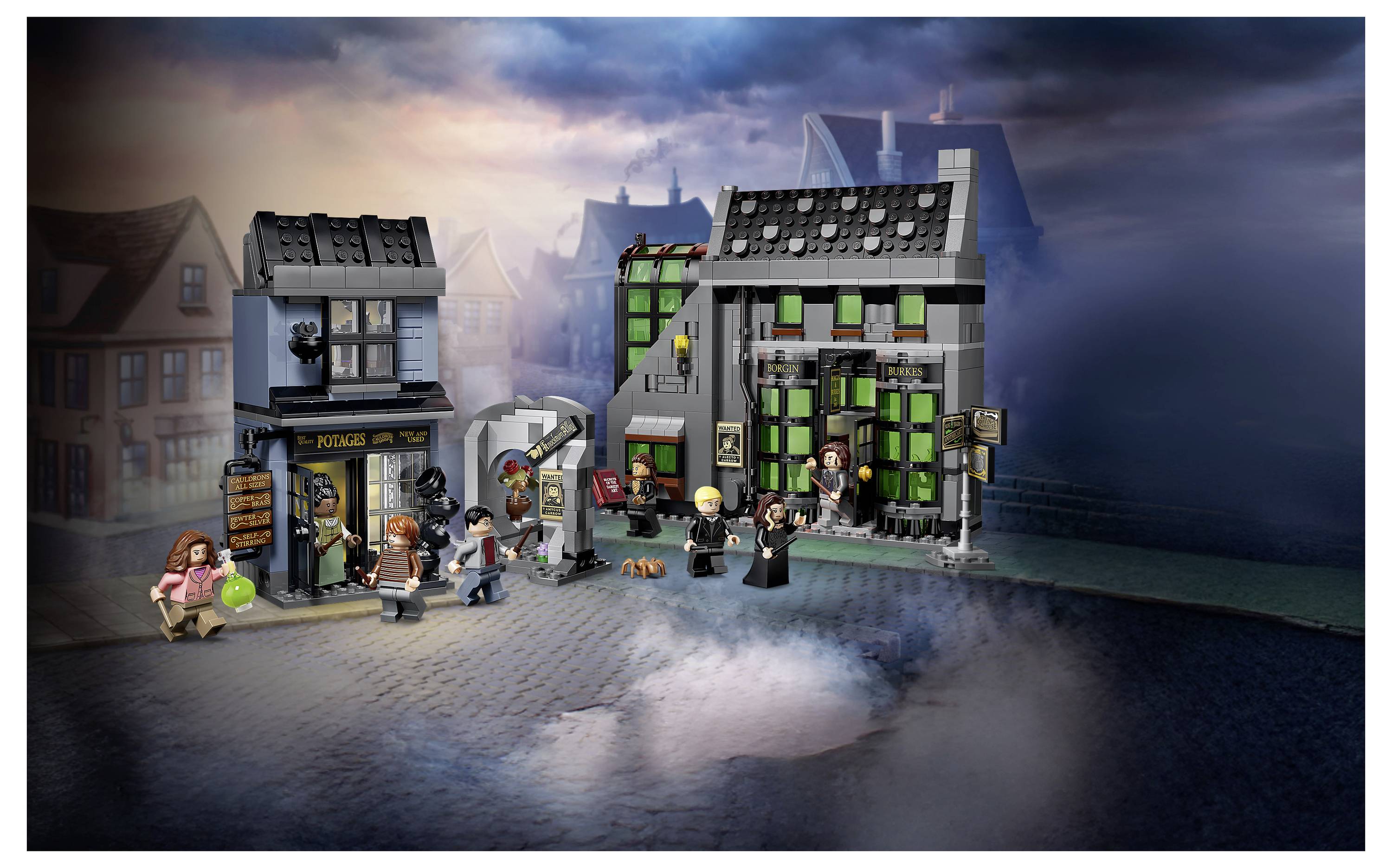 Scéna ulice v Harryho Potterovi ve stylu Lego s figurkami před obchody v Průsmyku Přísmyků, včetně knihkupectví „Flourish and Blotts" a zelené budovy.