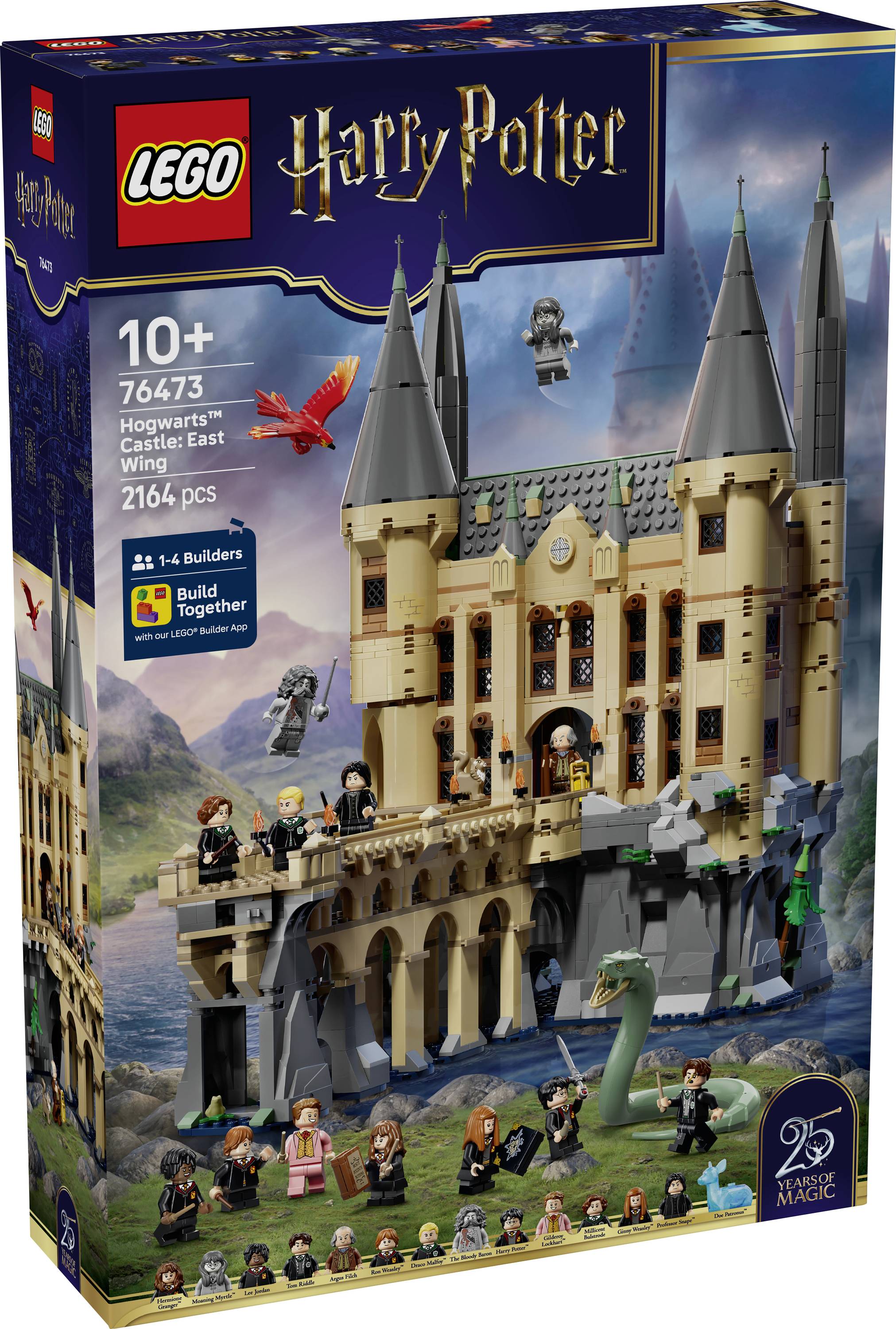LEGO Harry Potter Hrad Bradavic: Východní věž obal, věk 10+, 2 164 dílků, ukazující model hradu s minifigurkami a létajícím červeným ptákem.