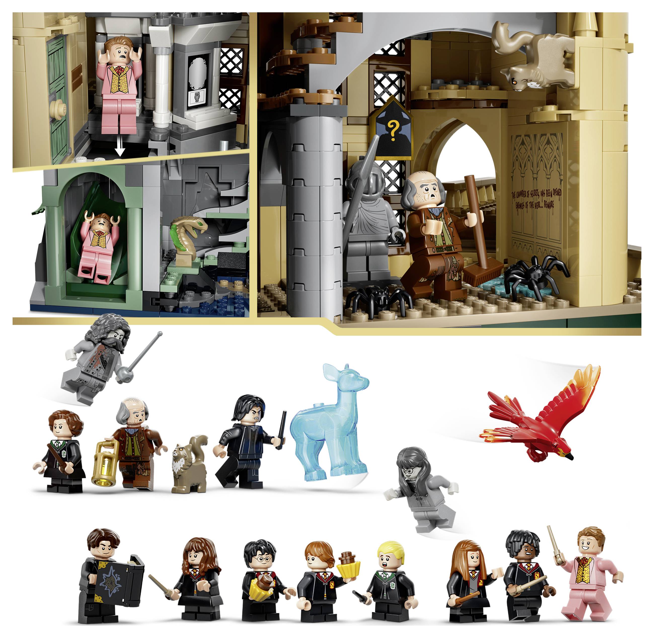Koláž sad LEGO Harry Potter a minifigurek, včetně interiéru čarodějné věže s postavami a řadou figurek, tvorů a červeného ptáka.