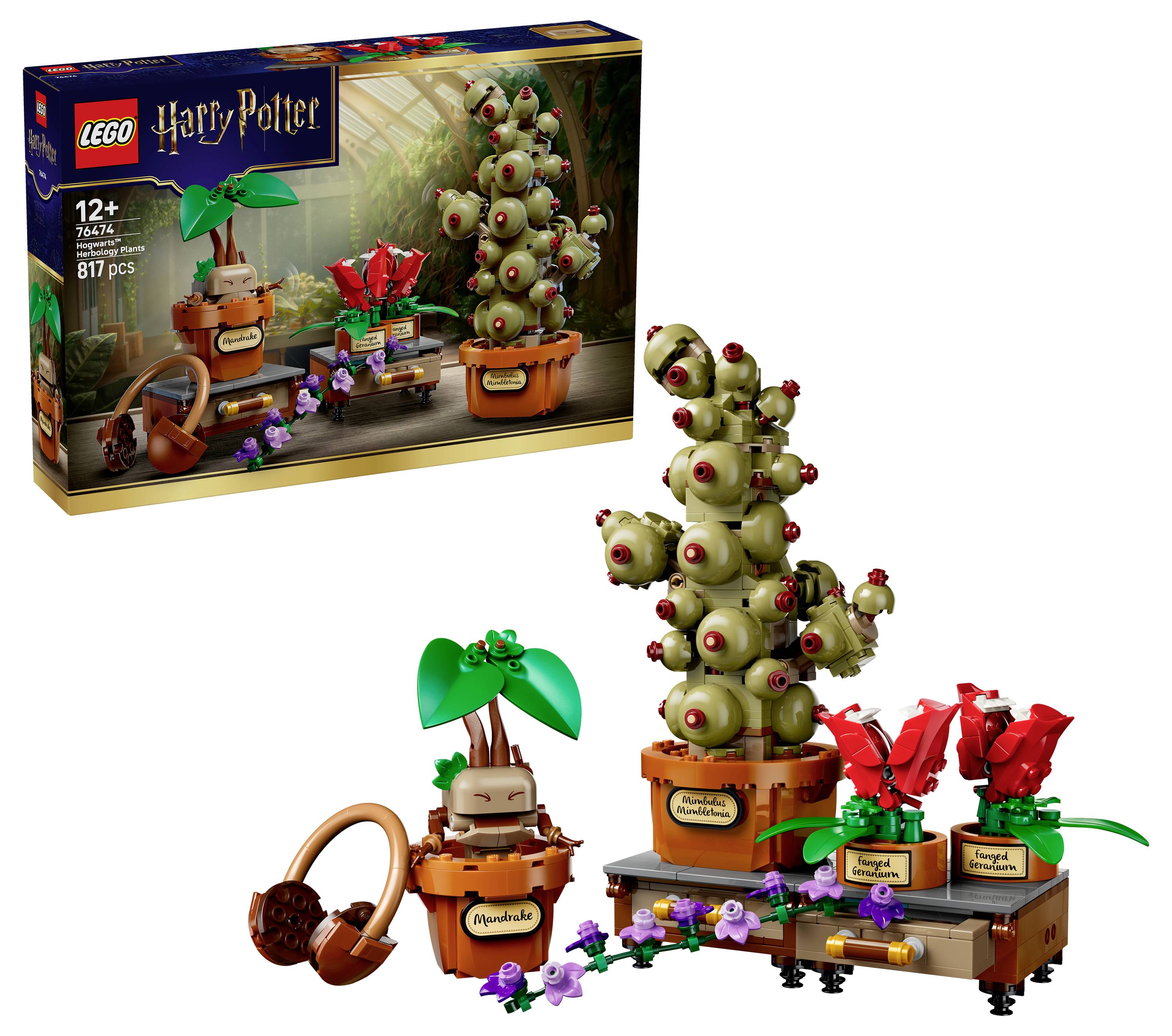 Sada LEGO Harry Potter s rostlinou Mandragora obsahující velkou květináč s Mandragorou, menší Mandragoru a součásti příslušenství; krabice zobrazena v levém horním rohu.