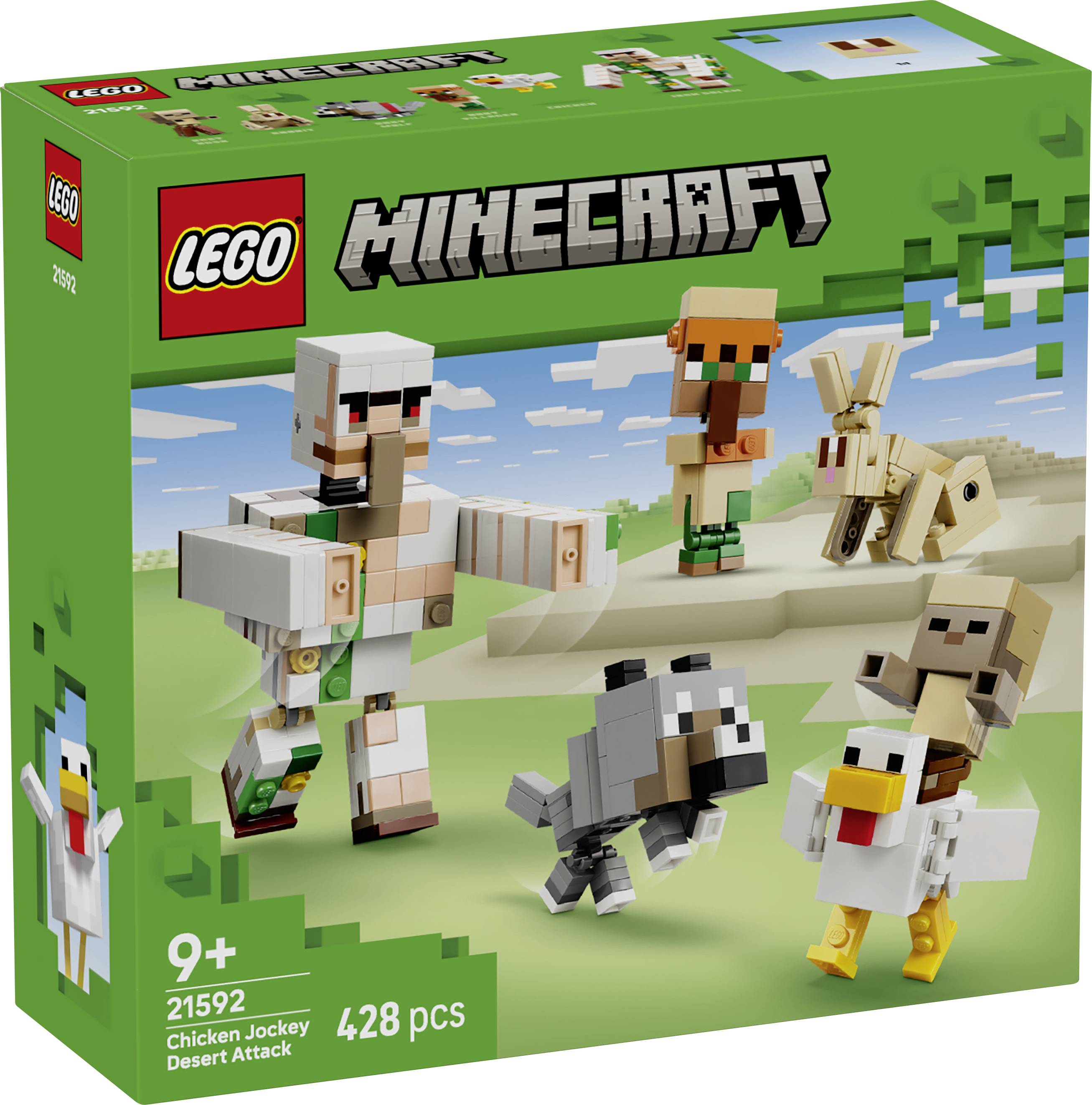 Sada LEGO Minecraft ‚Útok jezdce na slepici v poušti' na krabici zobrazující blokové postavy a slepici v pouštní scéně, 428 dílků, od 9 let