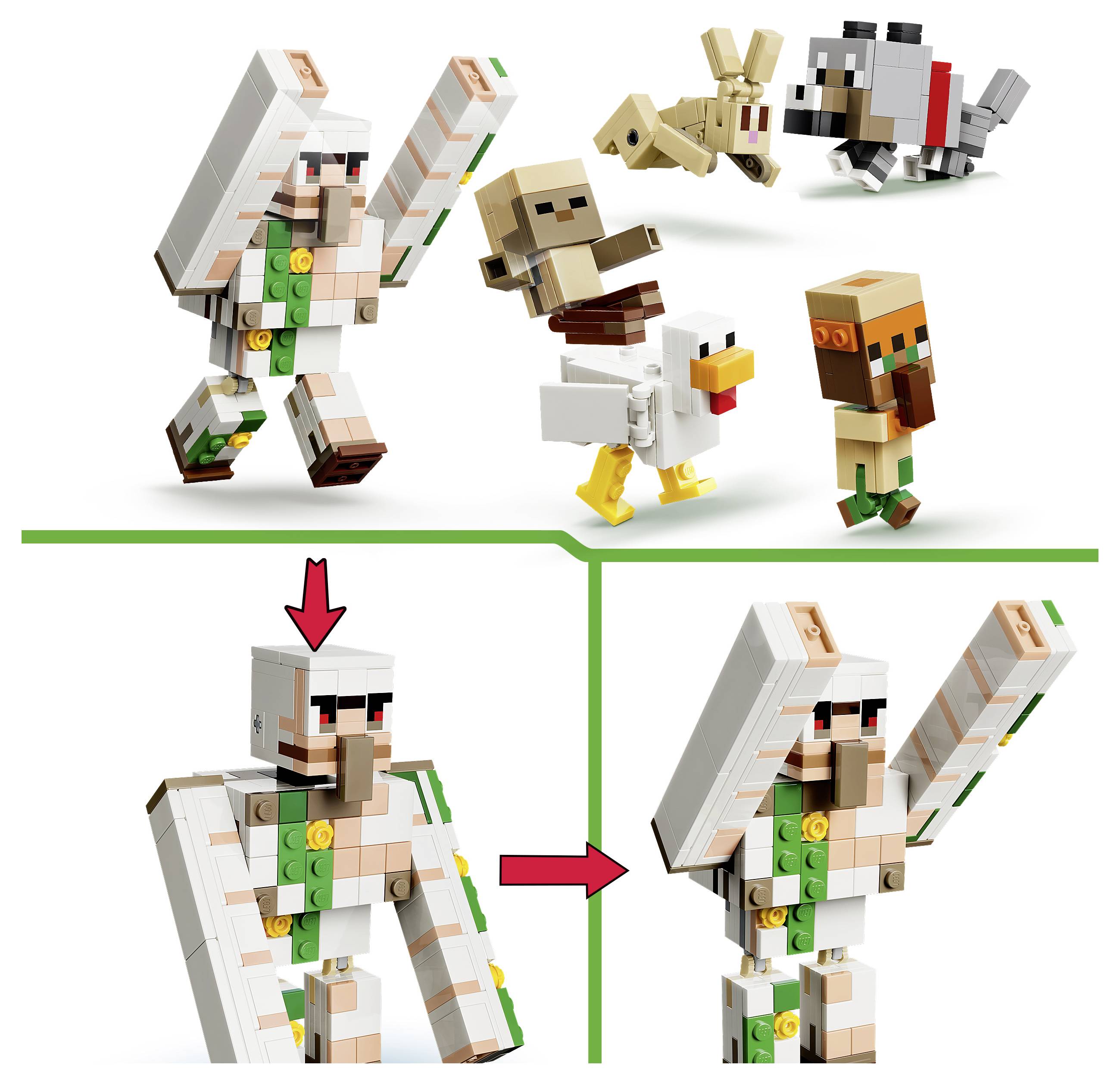 Ilustrovaná sada v LEGO stylu zobrazující transformaci postavy do různých zvířecích postav, s detailními panely před a po přeměně hlavního modelu.