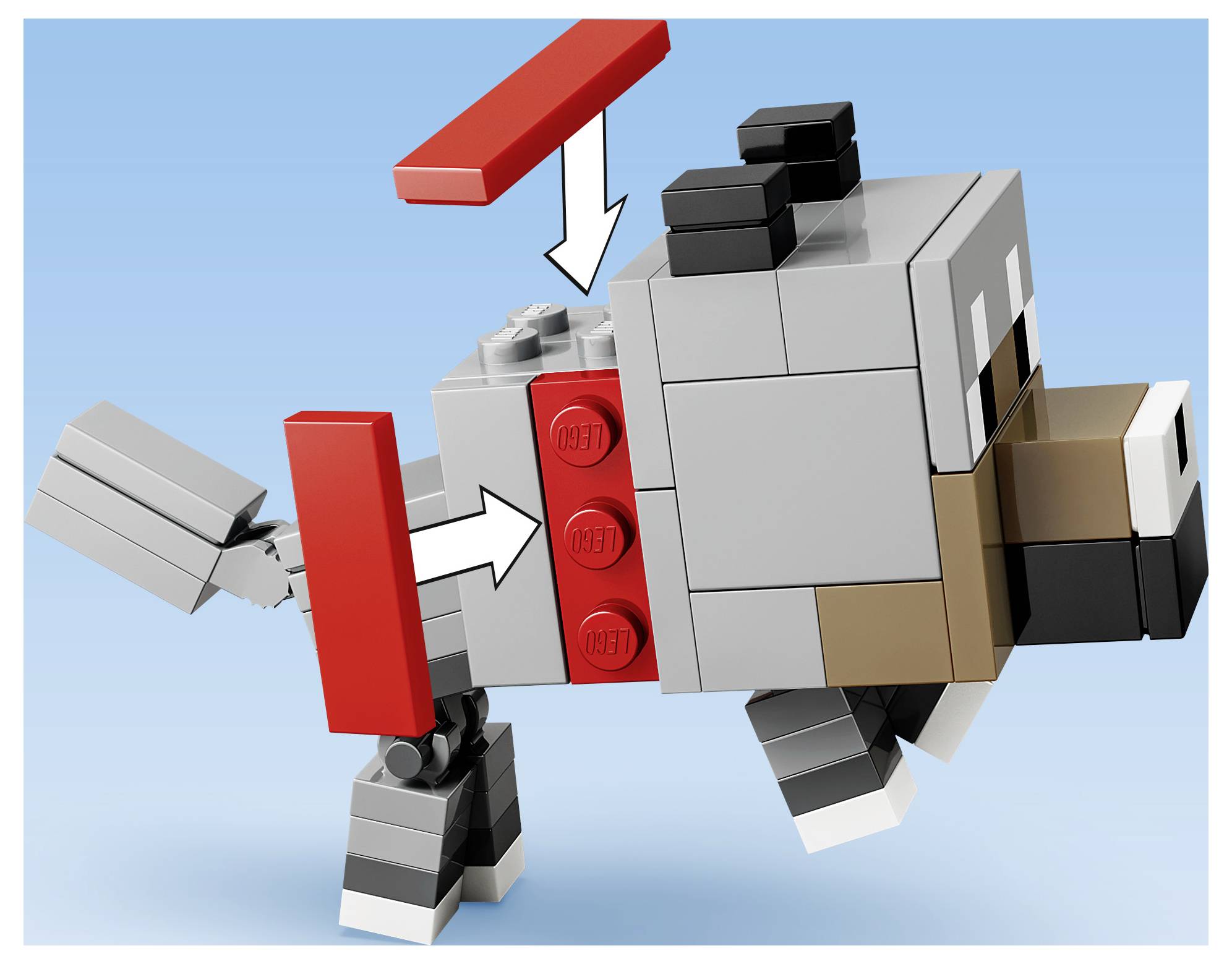 Figurka zvířete ve stylu LEGO zobrazená v rozloženém pohledu s šipkami ukazujícími, jak se červené a šedé díly skládají dohromady na modrém pozadí.