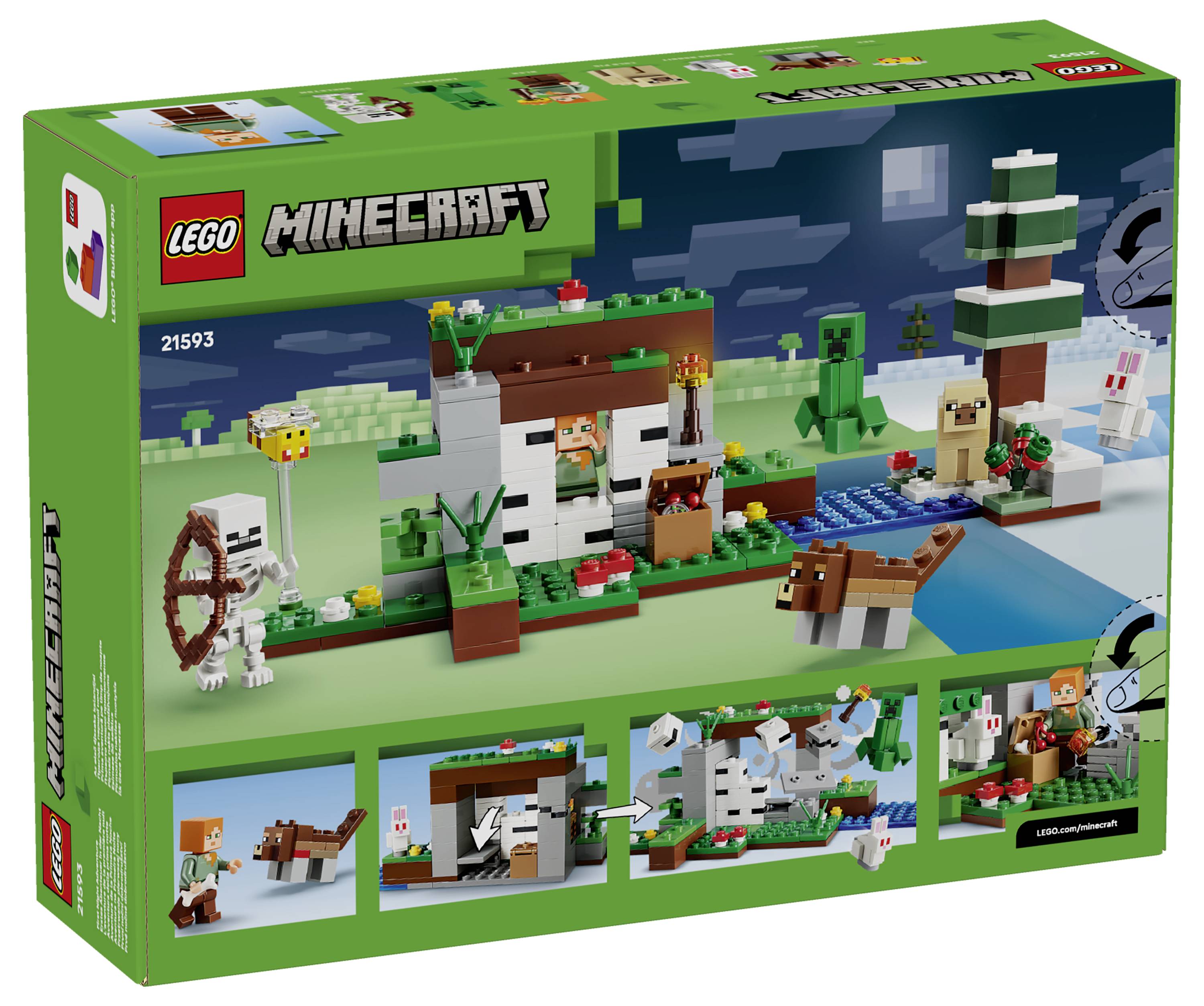 LEGO Minecraft set box zobrazující zasněženou scénu vesnice se Stevem, kostrou, creperem, liškou a králíkem.