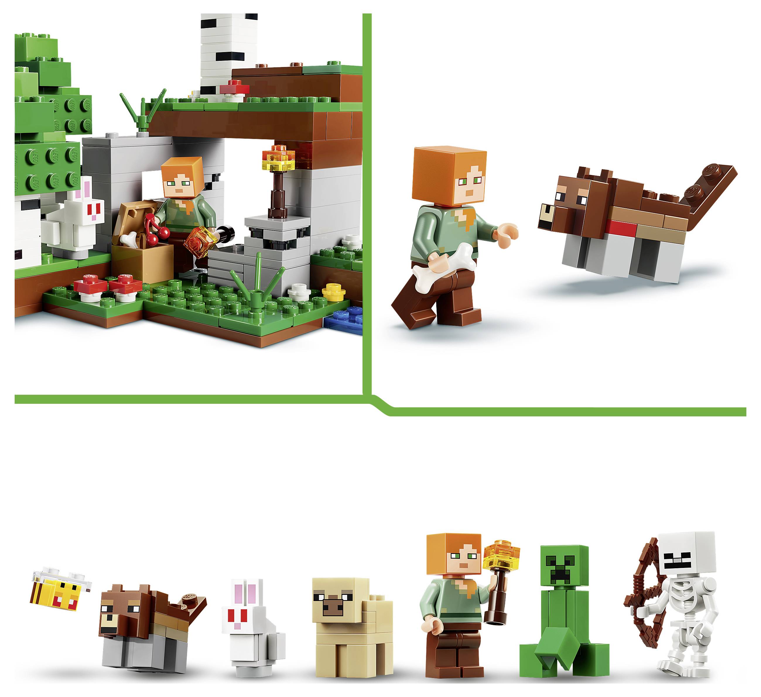 LEGO Minecraft sada zobrazující Alexu v jeskyňské scéně s pochodní, včelou, vlkem, králíkem, medvědem, Creeprem, kostlivcem a prvky medu.