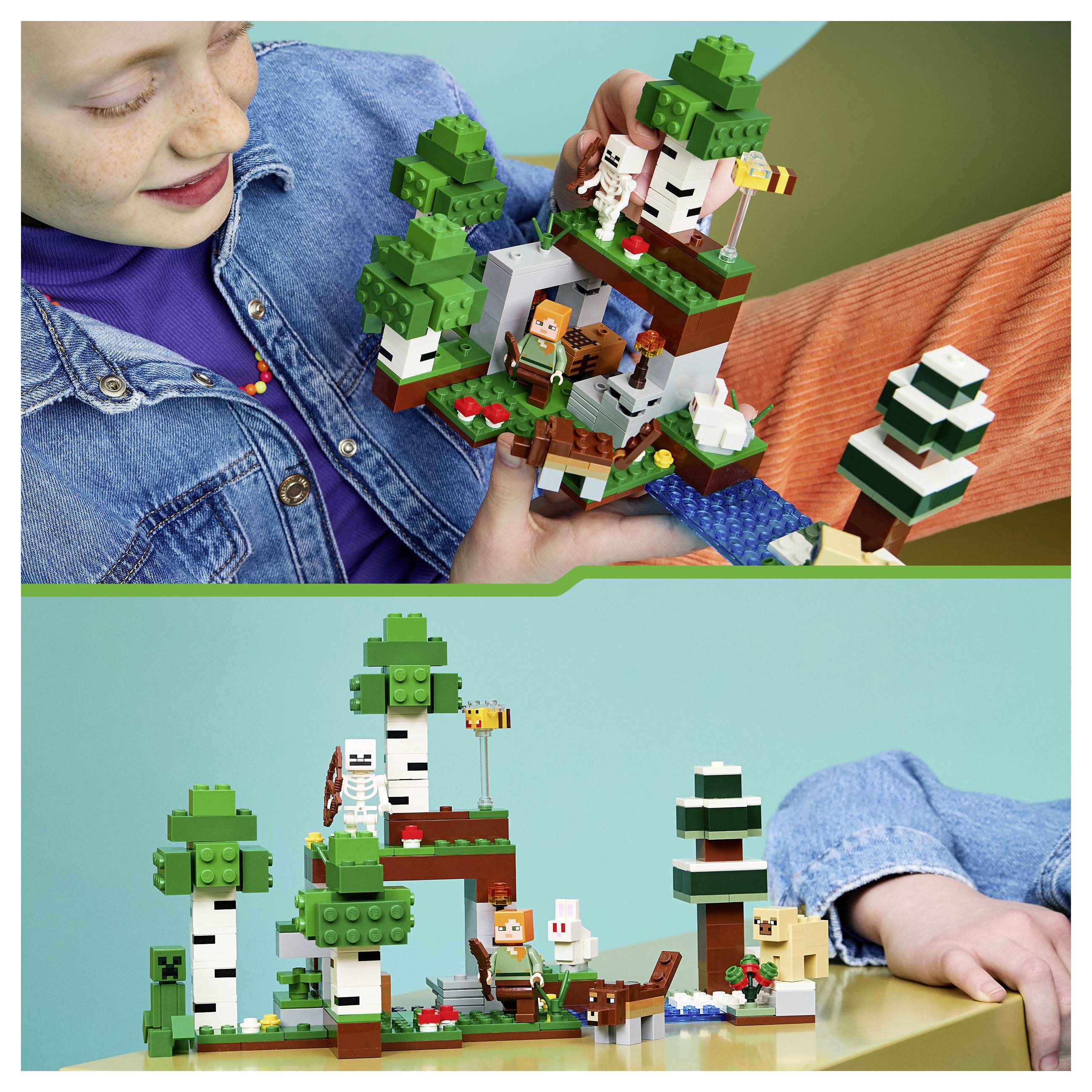 Dítě v džínech drží a vystavuje LEGO scénu lesa se stromy, kostrou, zvířaty a malou chatou na základní desce.