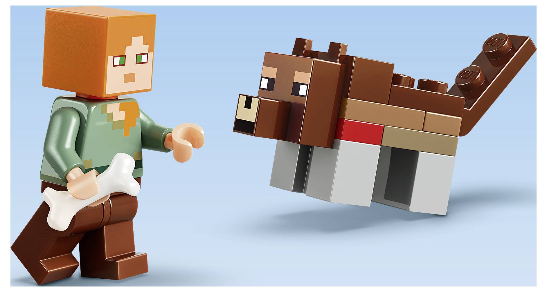 Pixelartová postava obrácená k hranatému hnědému psovi s bílou kostí v tlamě na světle modrém pozadí.