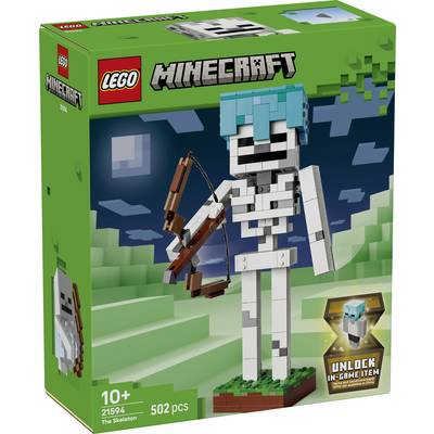 LEGO Minecraft sada "Kostra" na krabici zobrazující figurku bílé kostry s lukem, označená 10+, 21594, 502 ks.